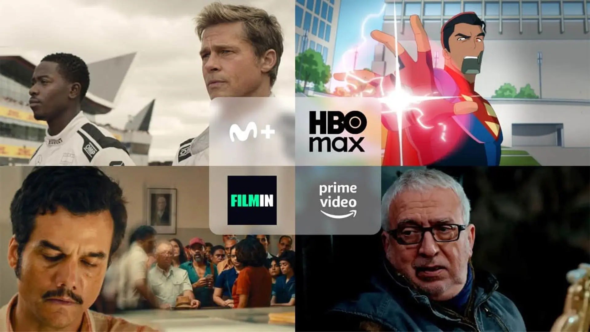 Collage con los estrenos F1 La película (Movistar Plus), Atasco (Prime Video), Mis aventuras con Superman (HBO Max) y El agente secreto (Filmin).