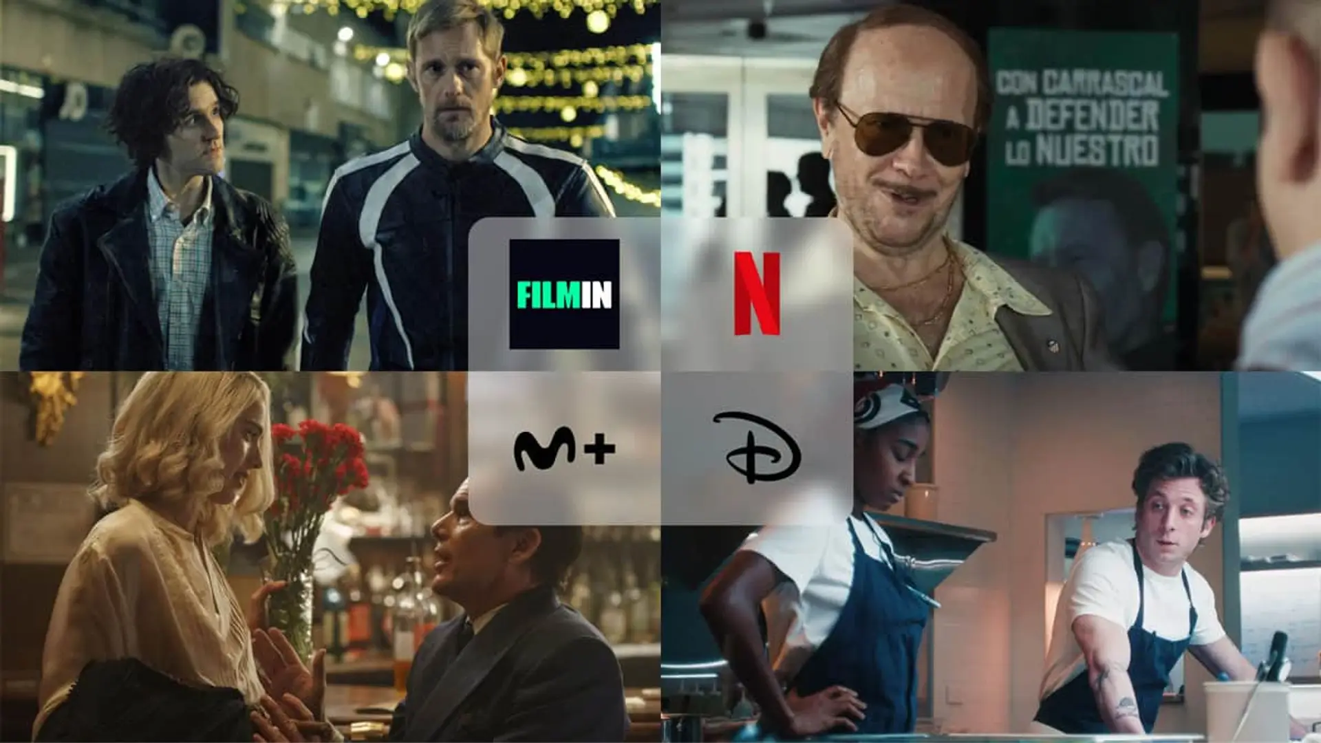 Collage con los estrenos Torrente presidente (Netflix), Blue Moon (Movistar Plus), The Bear (Disney+) y Pillion (Filmin).