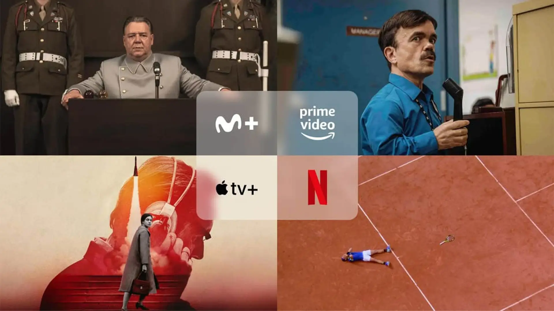 Collage con los estrenos Rafa (Netflix), Ciudad de las Estrellas (Apple TV), Nuremberg (Movistar Plus) y Roofman (Prime Video).