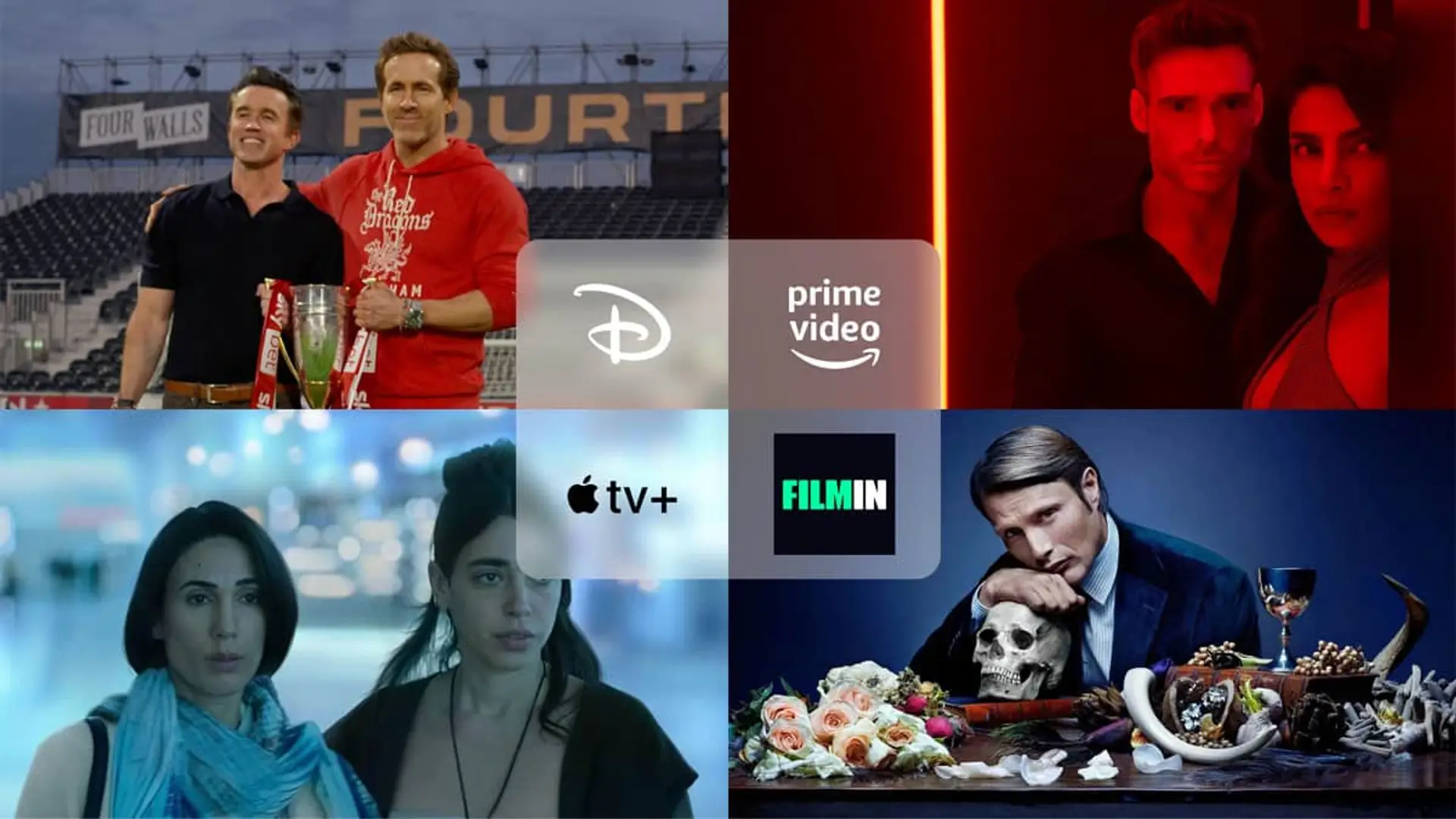 Collage con los estrenos Citadel (Prime Video), Bienvenidos al Wrexham Football Club (Disney+), Hannibal (Filmin) y Incondicional (Apple TV).