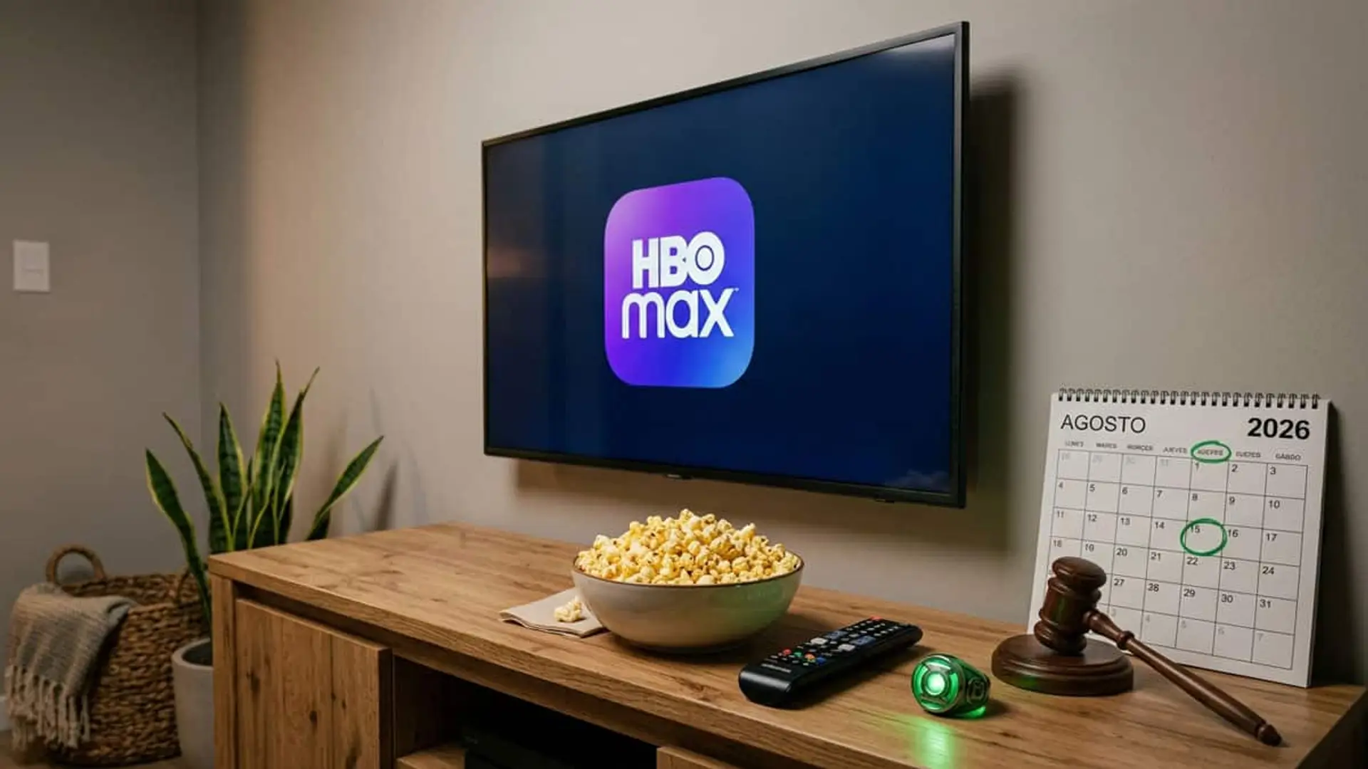 HBO Max confirma sus estrenos de agosto: Linternas, Los Justos y nueve títulos más Televisor con la aplicación de HBO Max junto a un calendario de agosto de 2026 marcado con una fecha de estreno