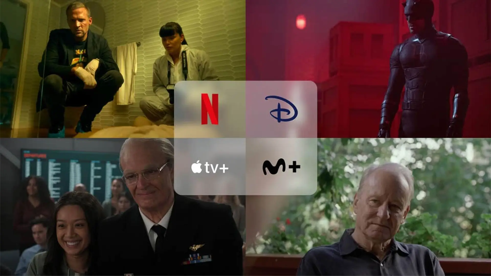 Collage con los estrenos Daredevil Born Again (Disney+), Bait (Prime Video), Por cien millones (Movistar Plus+) y Valor sentimental (Filmin).