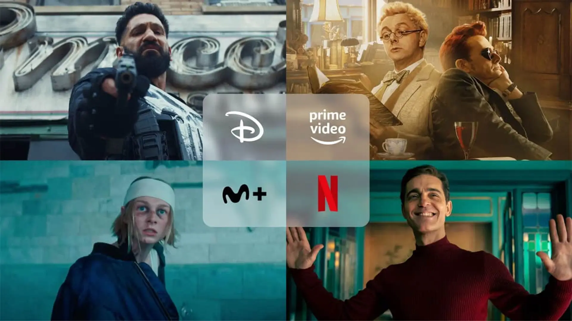 Collage con los estrenos Berlín (Netflix), Punisher (Disney+), Good Omens (Prime Video) y Cuckoo (Movistar Plus+).