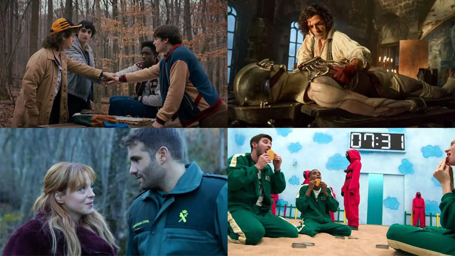 Estrenos de Netflix en noviembre: llega el comienzo del fin de ‘Stranger Things’ Collage de escenas de series populares de Netflix, como Stranger Things y Frankenstein.