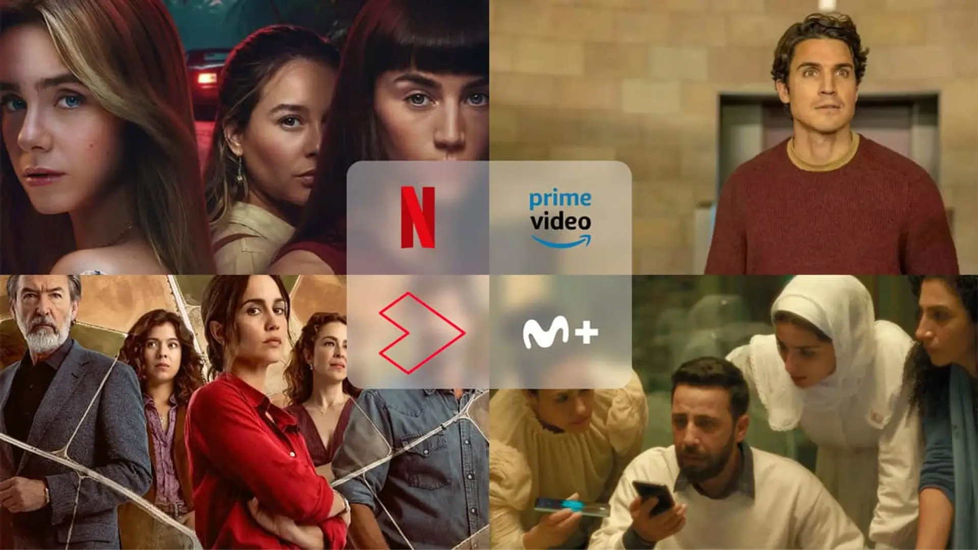 Collage con estrenos Esa noche (Netflix), Day One (Prime Video), La voz de Hind (Movistar Plus+) y Entre Tierras (Atresplayer).
