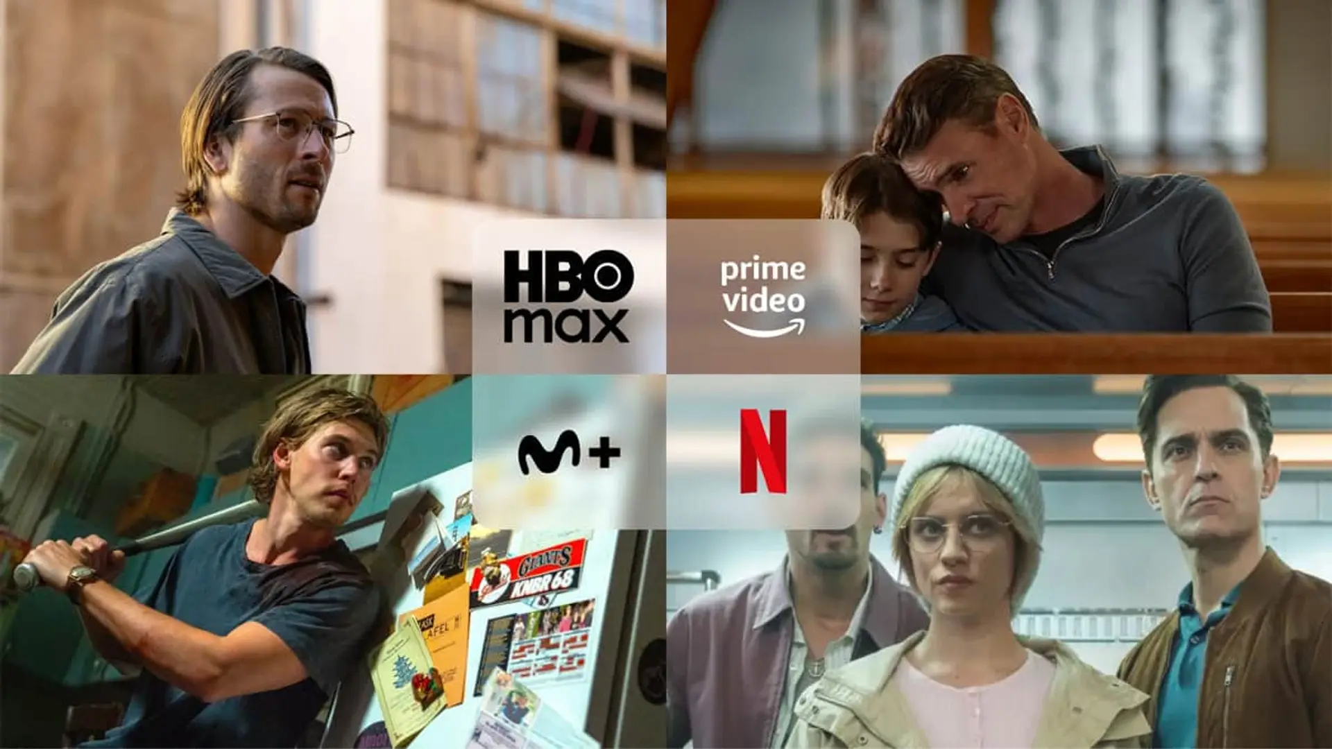 Collage con los estrenos Berlín (Netflix), Bala perdida (Movistar Plus), Hit Man (HBO Max) y No es así (Prime Video).