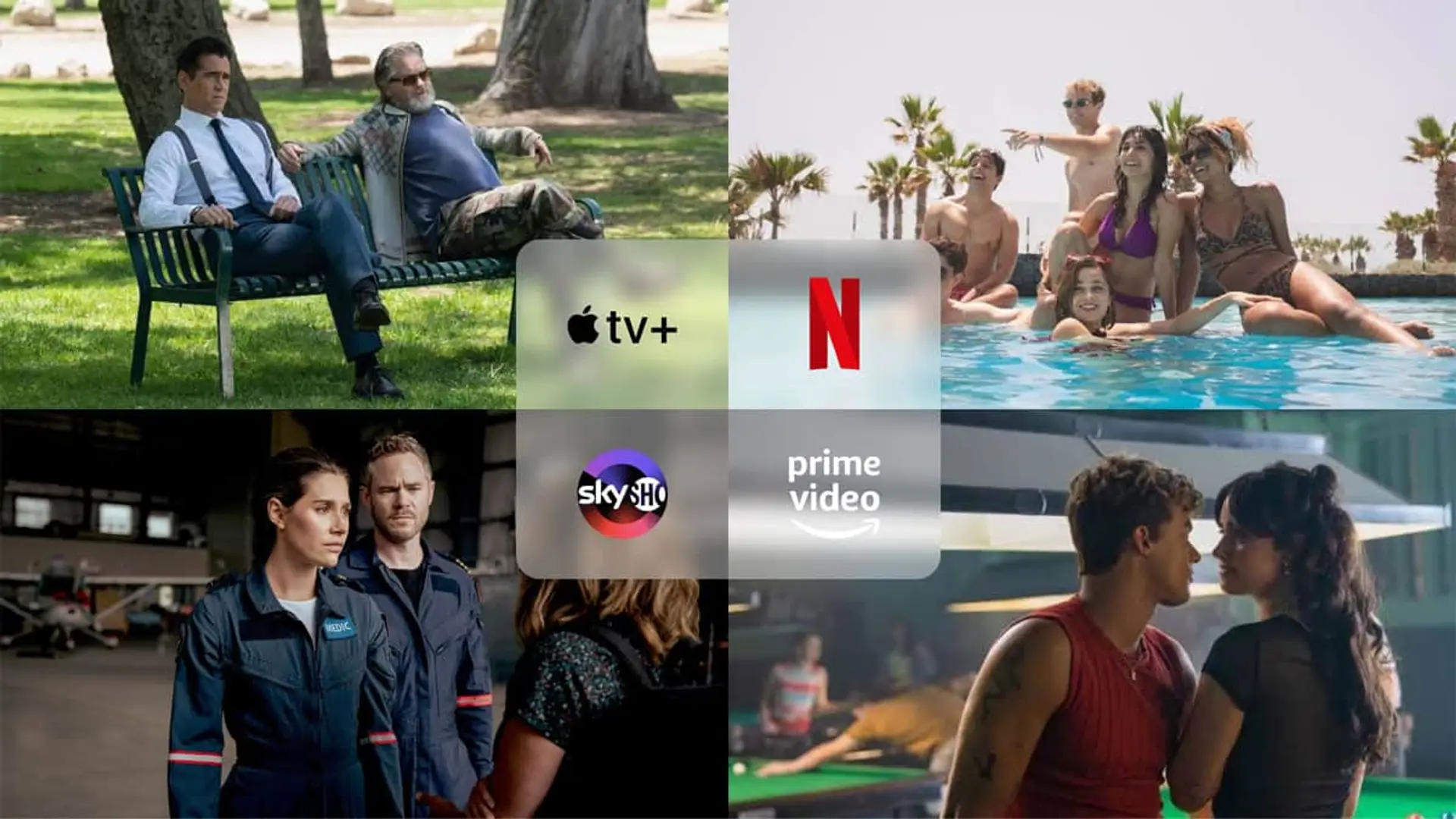 Collage con los estrenos Oasis (Netflix), Sugar (Apple TV), Culpa tuya (Prime Video) y SkyMed (SkyShowtime).