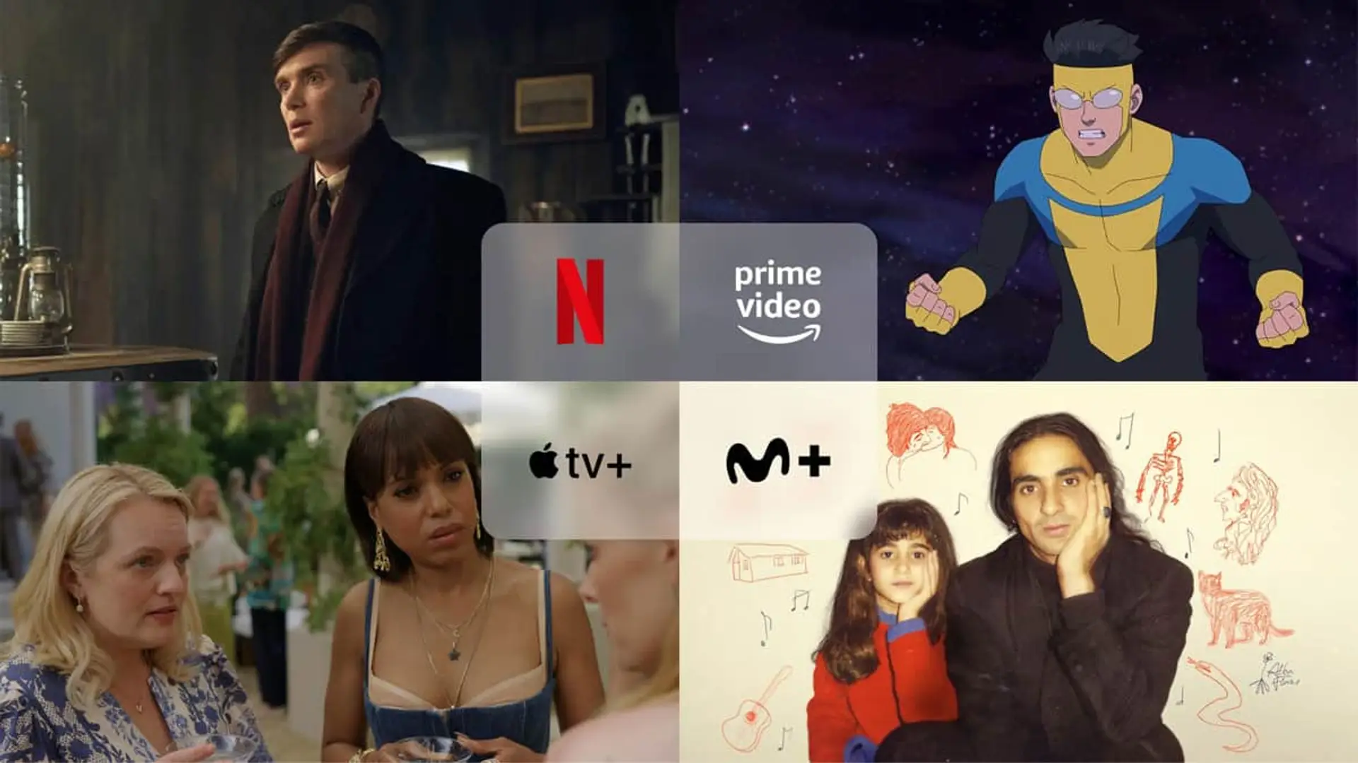 Collage con los estrenos Peaky Blinders (Netflix), Invencible (Prime Video), Flores para Antonio (Movistar Plus+) y Mujeres imperfectas (Apple TV).