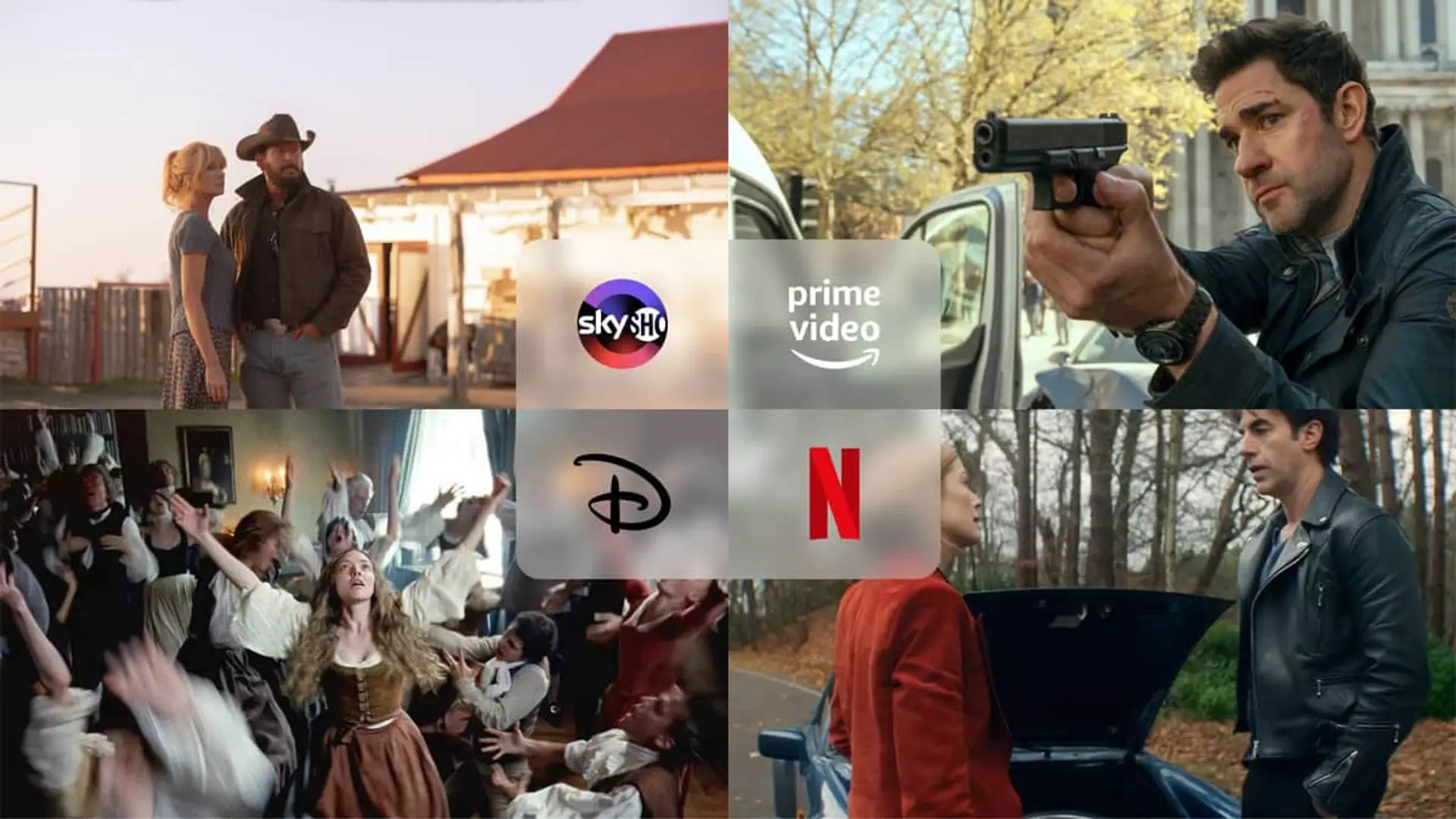 Collage con los estrenos Jack Ryan (Prime Video), Rancho Dutton (SkyShowtime), El testamento de Ann Lee (Disney+) y Las damas primero (Netflix).