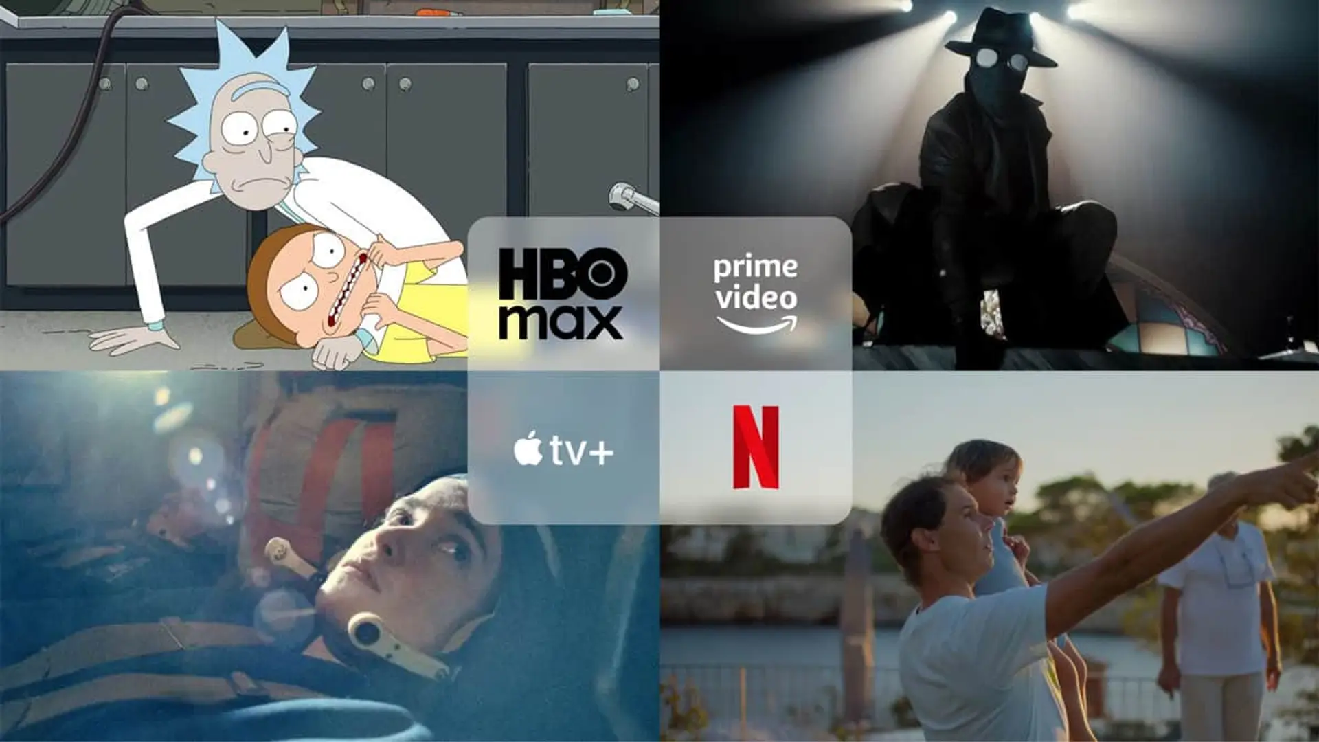Collage con los estrenos Ciudad de las Estrellas (Apple TV), Spider-Noir (Prime Video), Rick y Morty (HBO Max) y Rafa (Netflix).