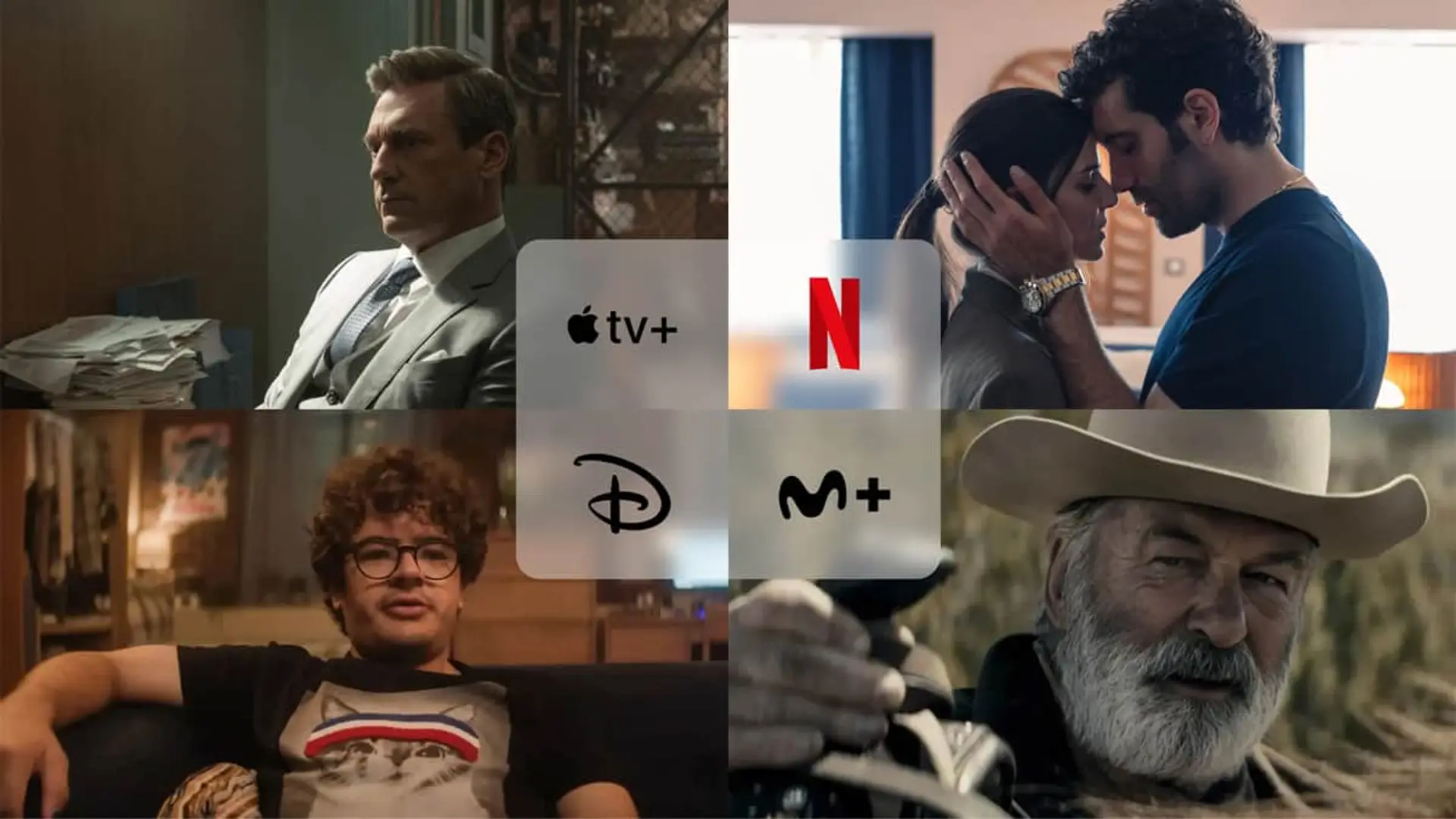 Collage con estrenos Clanes (Netflix), Pizza Movie (Disney+), Vicios ocultos (Apple TV) y Rust (Movistar Plus+).