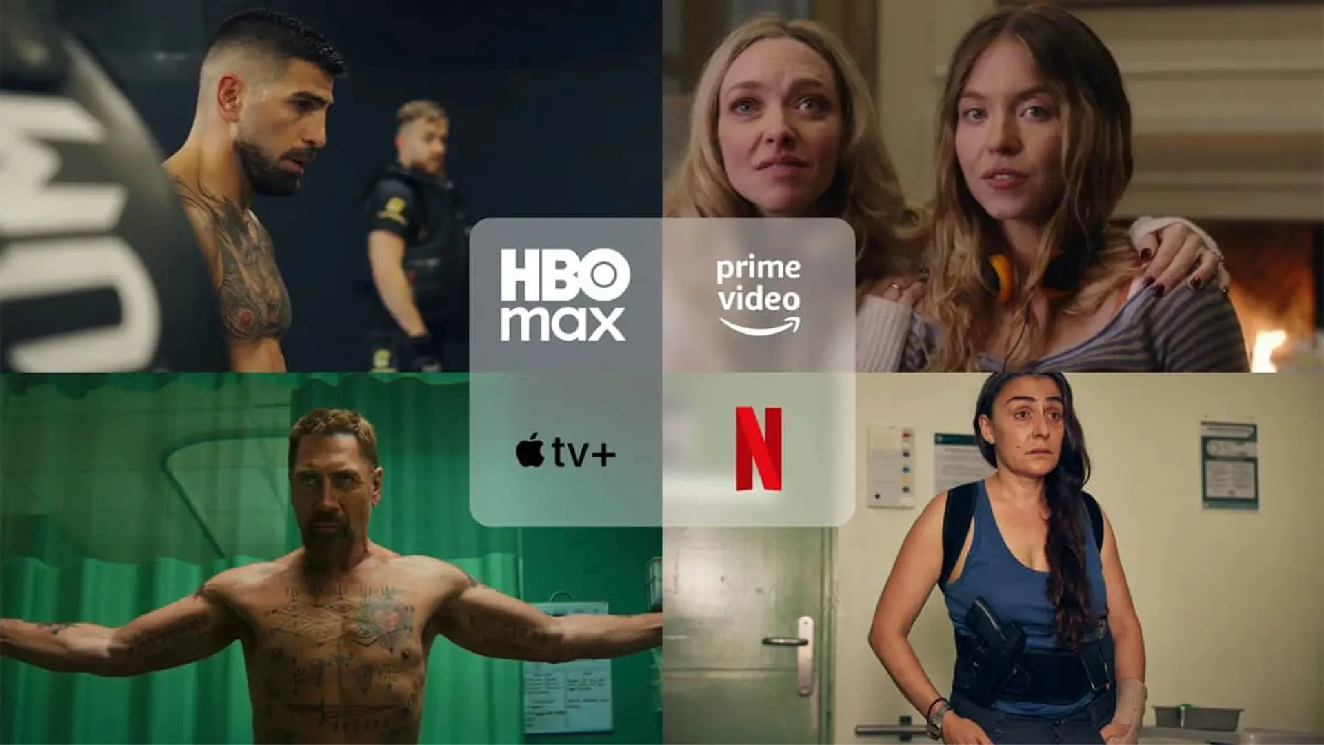 Collage con los estrenos Cape Fear (Apple TV), La asistenta (Prime Video), xxx (xxx) y La desconocida (Netflix).