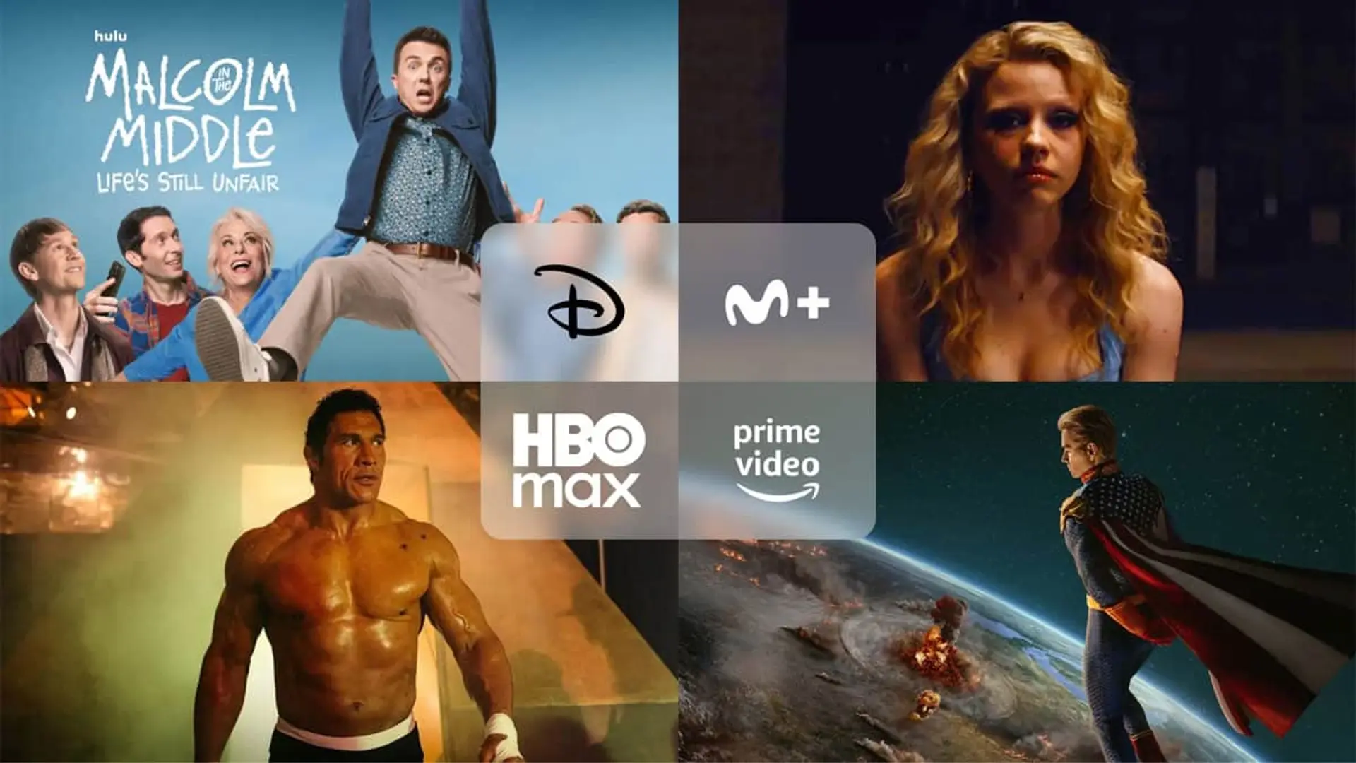 Collage con los estrenos The Smashing Machine (HBO Max), Maxxxine (Movistar Plus+), Malcolm (Disney+) y The Boys (Prime Video).