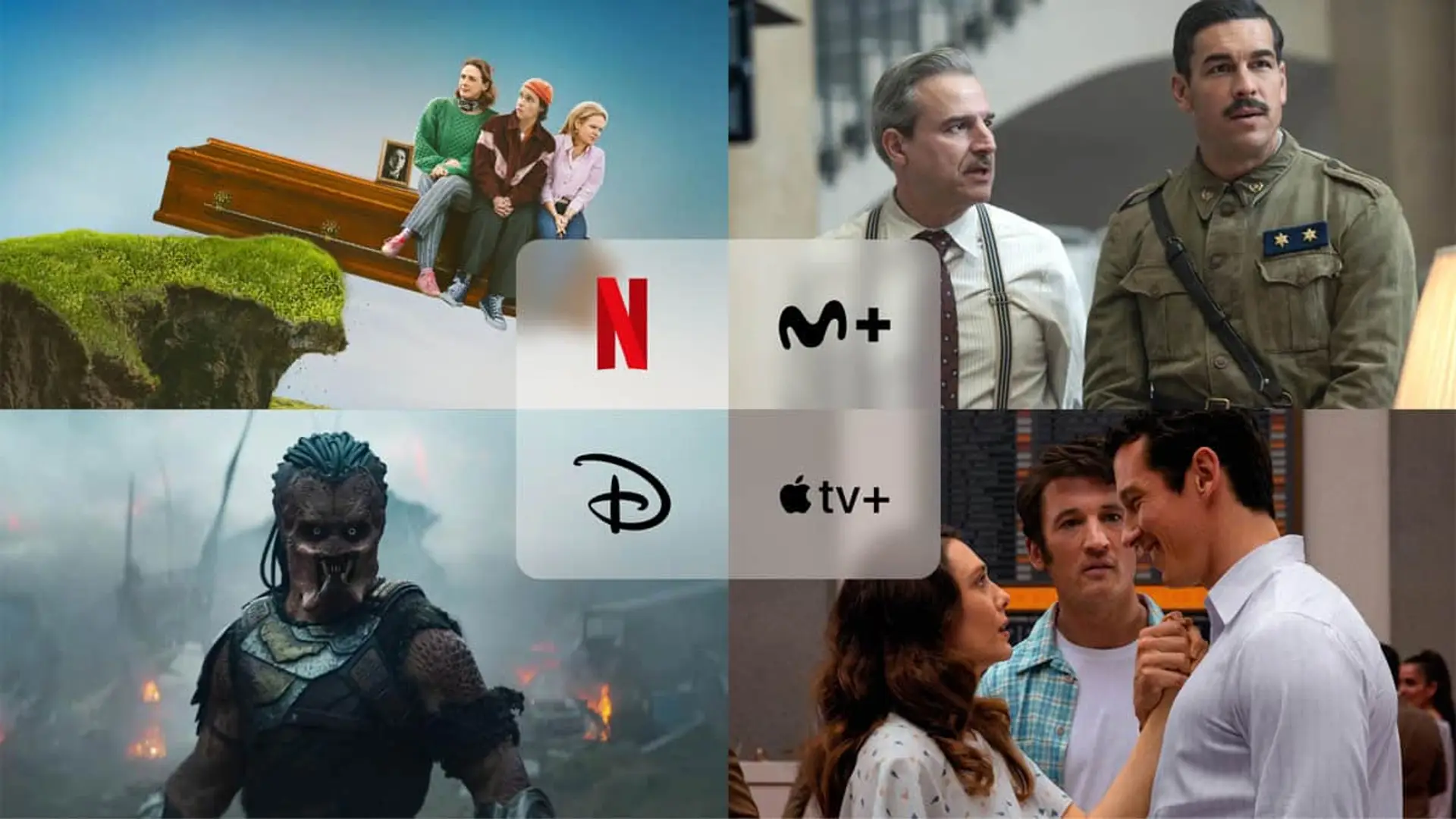 Collage con los estrenos Cómo llegar al cielo desde Belfast  (Netflix), Eternity (Apple TV), Predator Badlands (Disney+) y La cena (Movistar Plus+).