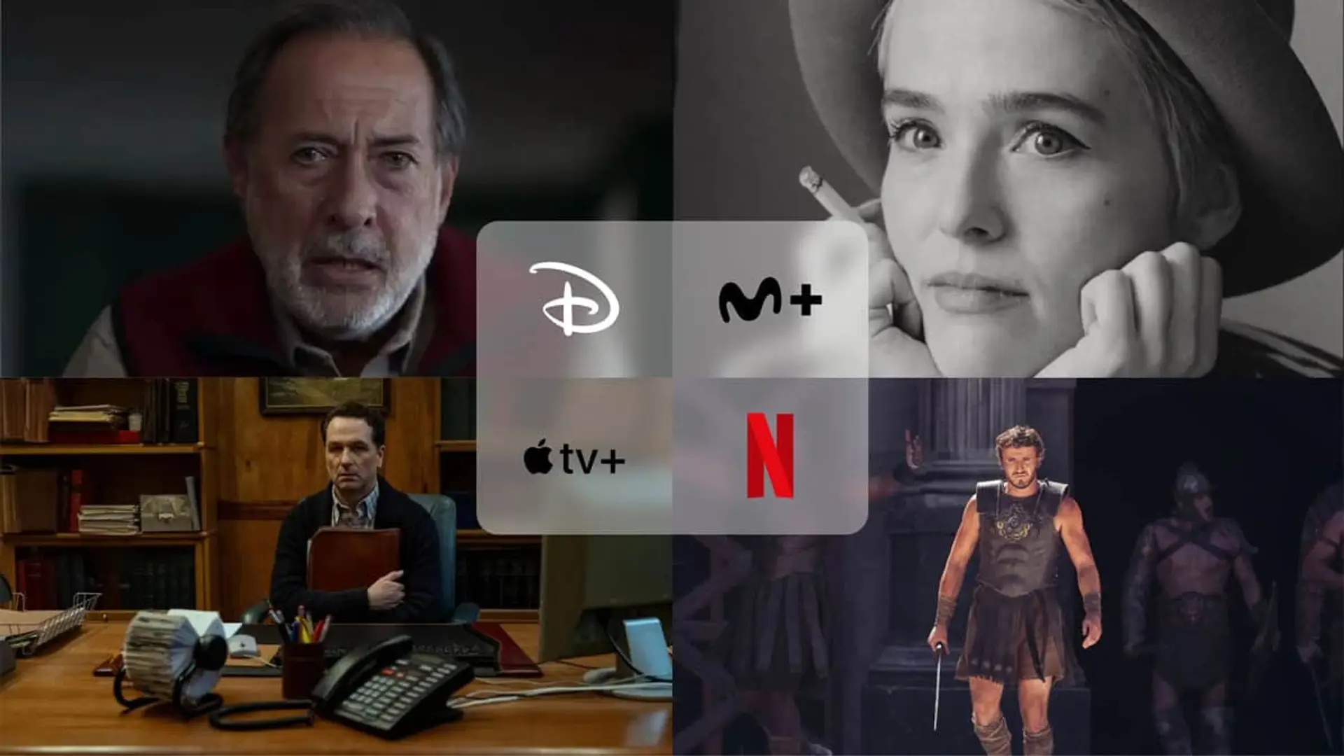 Collage con los estrenos Gladiator II (Netflix), El encargado (Disney+), Nouvelle Vague (Movistar Plus+) y La maldición de Widows Bay (Apple TV).