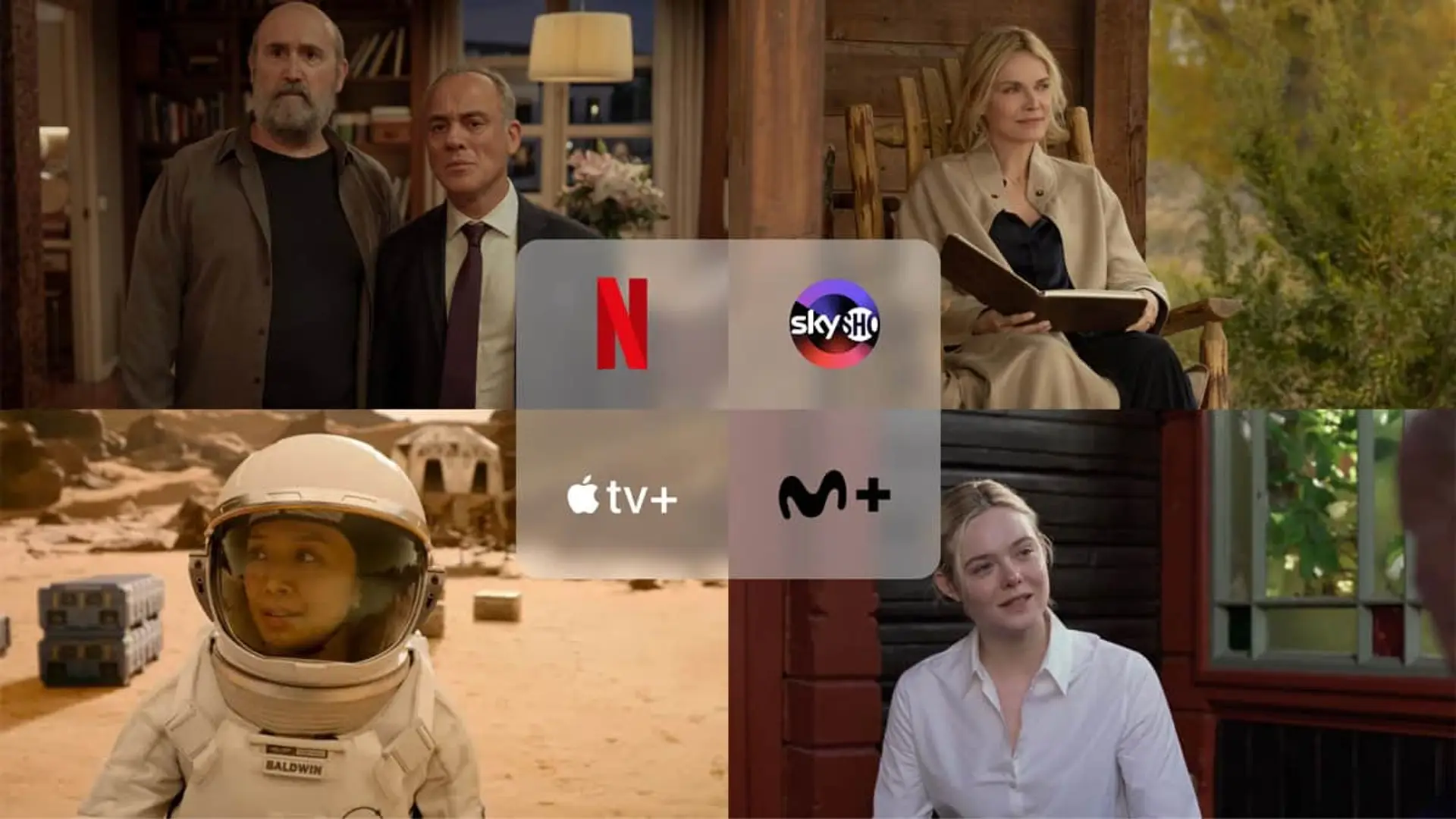 Collage con estrenos 53 domingos (Netflix), The Madison (SkyShowtime), Para toda la humanidad (Apple TV) y Valor sentimental (Movistar Plus+).