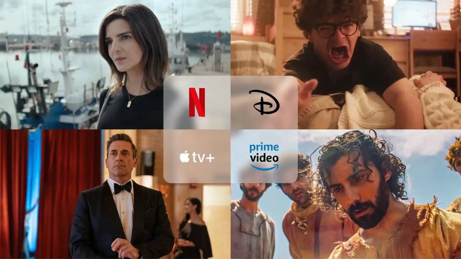 Collage con los estrenos Clanes (Netflix), Vicios ocultos (Apple TV), Pizza Movie (Disney+) y The Chosen (Prime Video).