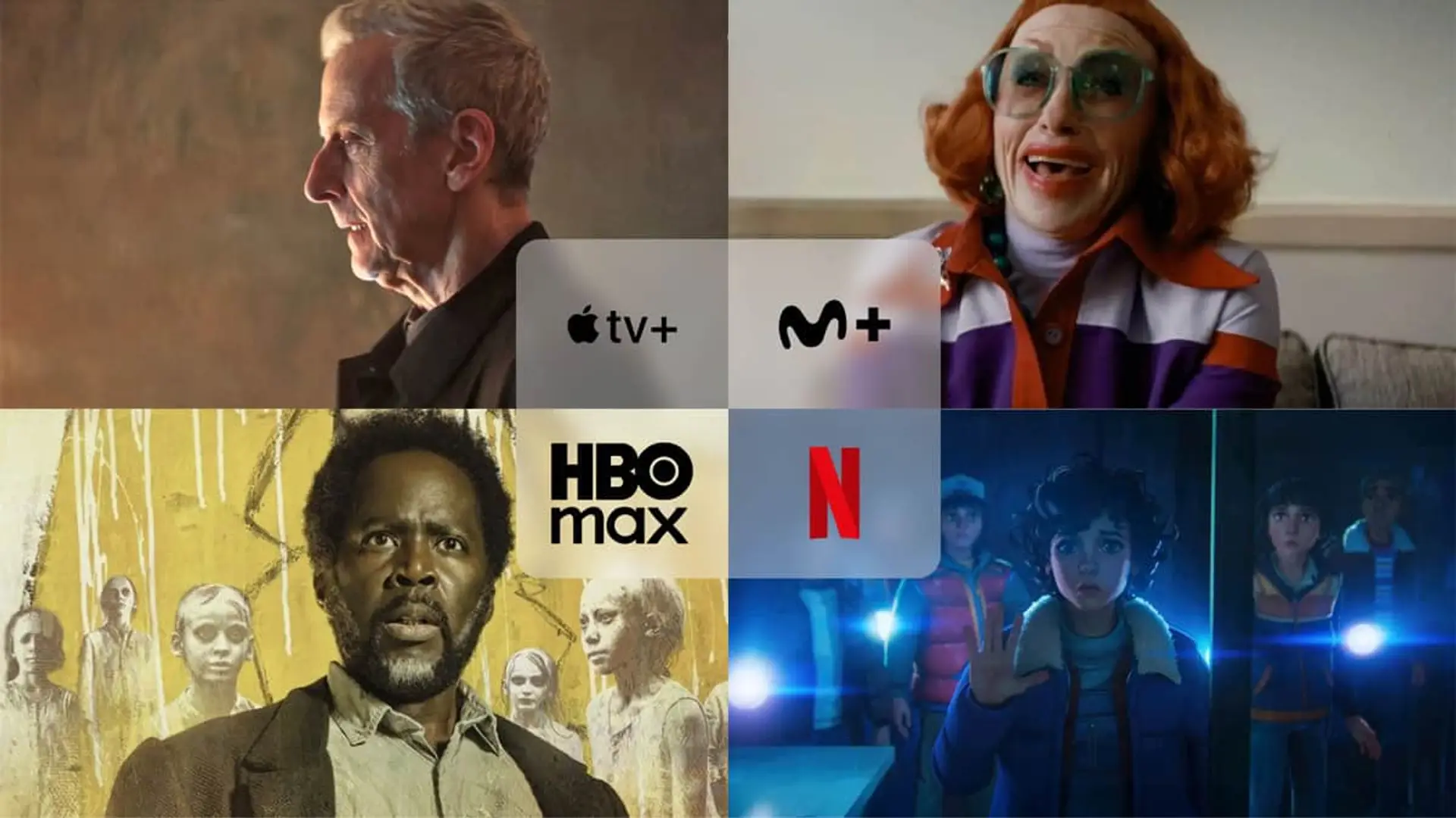 Collage con los estrenos Stranger Things Relatos del 85 (Netflix), Weapons (Movistar Plus+), From (HBO Max) y Historial delictivo (Apple TV).