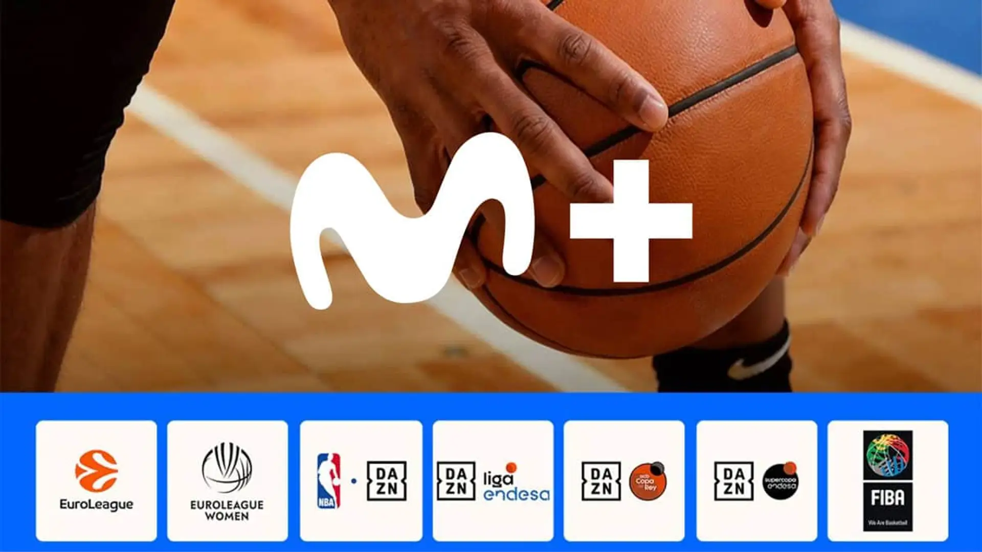 Oferta de baloncesto en Movistar Plus+ y DAZN: NBA, Liga Endesa y EuroLeague bajo un balón en primer plano.