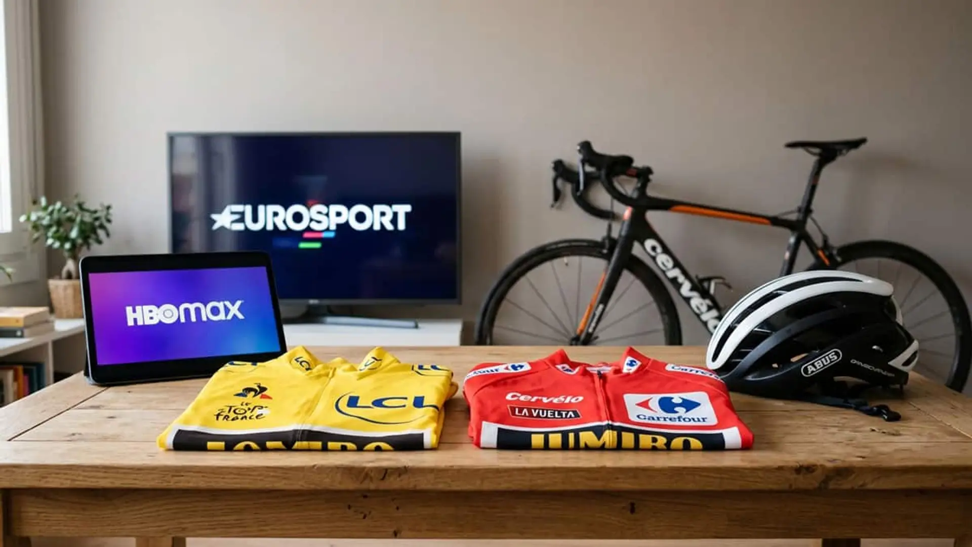 Televisor con Eurosport, pantalla con HBO Max, maillots del Tour de Francia y La Vuelta, bicicleta de carretera y casco.
