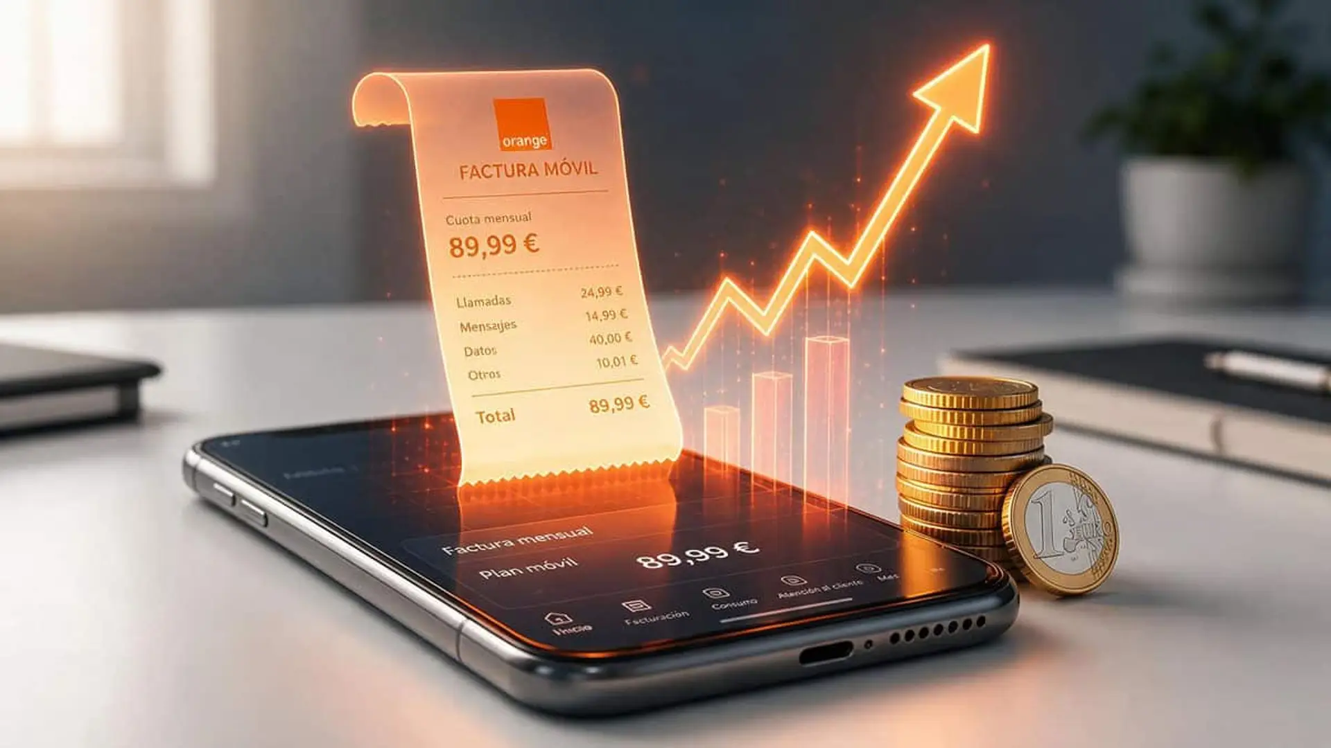 Teléfono móvil con una factura de Orange de 89,99 euros, un gráfico ascendente y varias monedas apiladas