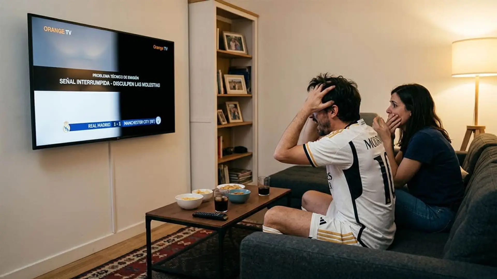 Orange devuelve 4,13€ por el corte de la Champions, pero ¿es suficiente por perderte media hora de un Madrid - City? Pareja preocupada en el sofá ante un corte de señal en Orange TV mientras veían un partido de fútbol.