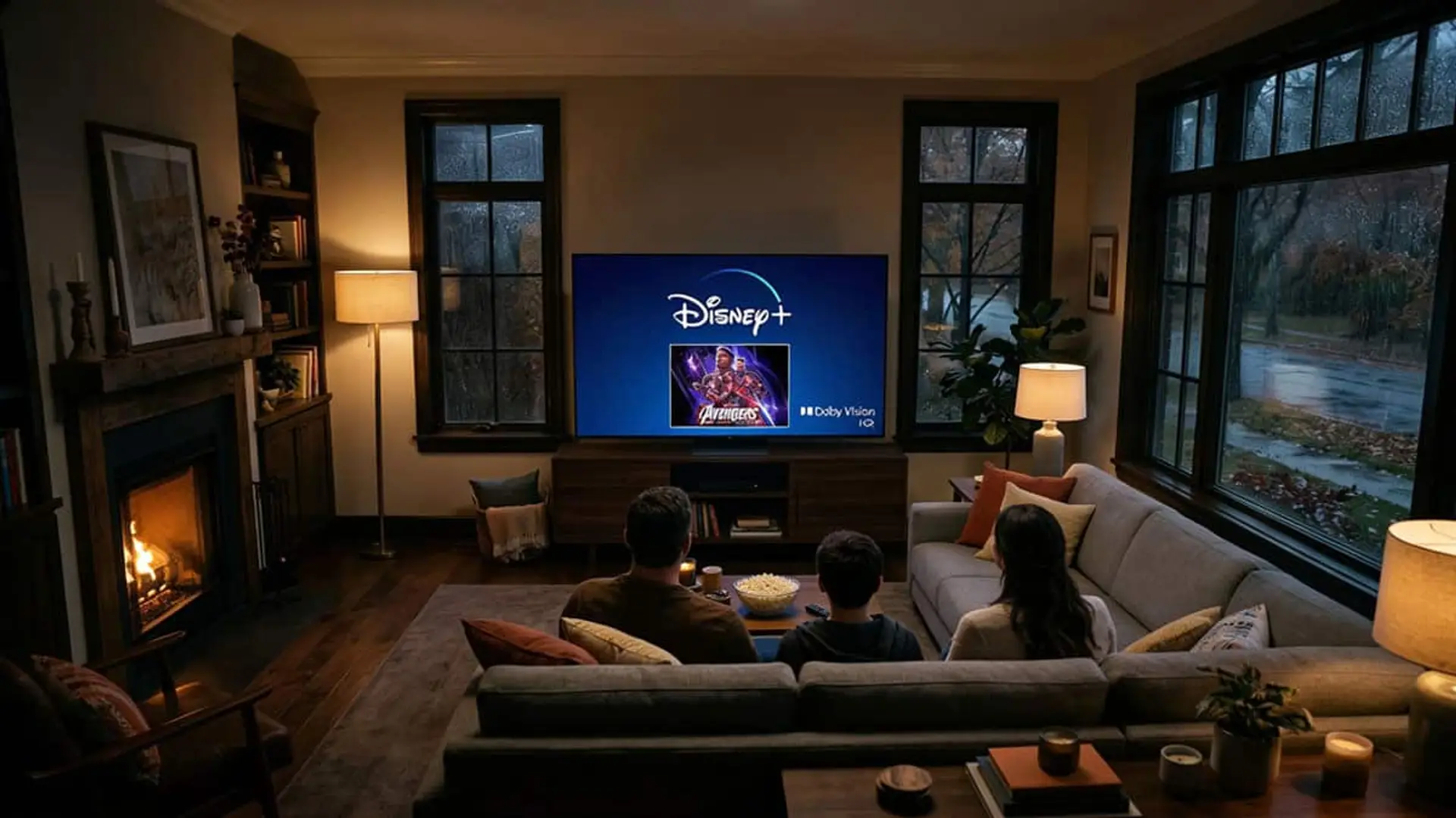 El Dolby Vision vuelve a Disney+: un juez alemán, una patente y un mes de mentiras “técnicas” Familia viendo contenido en Disnewy+ en la televisión del salón con ambiente acogedor en casa.