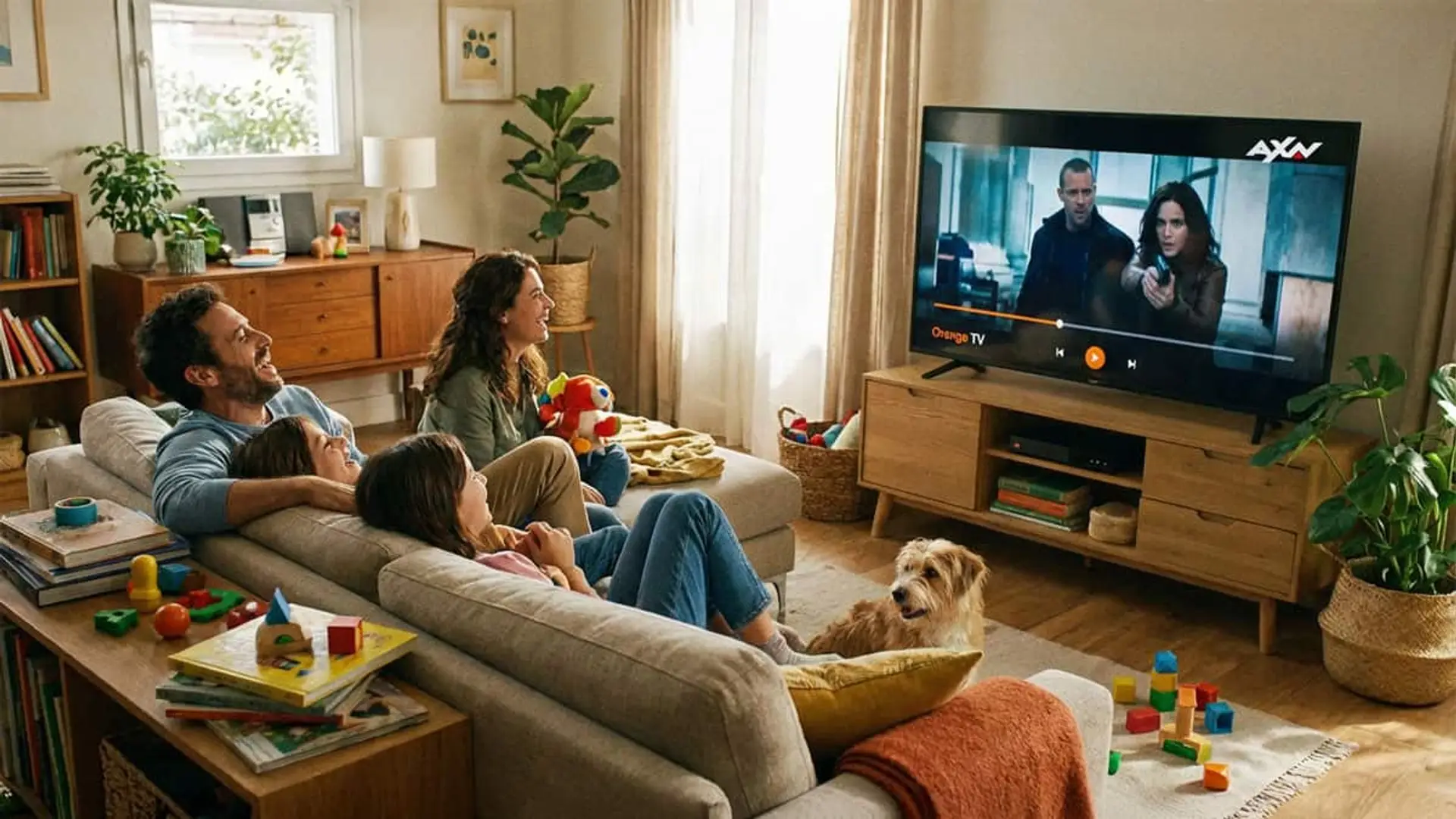 Los canales de AXN vuelven a Orange TV, pero ojo a lo que pasará con ellos en 2026 Familia sentada en el salón viendo un canal de AXN a través de Orange TV en un televisor, con un ambiente acogedor y juguetes infantiles alrededor.