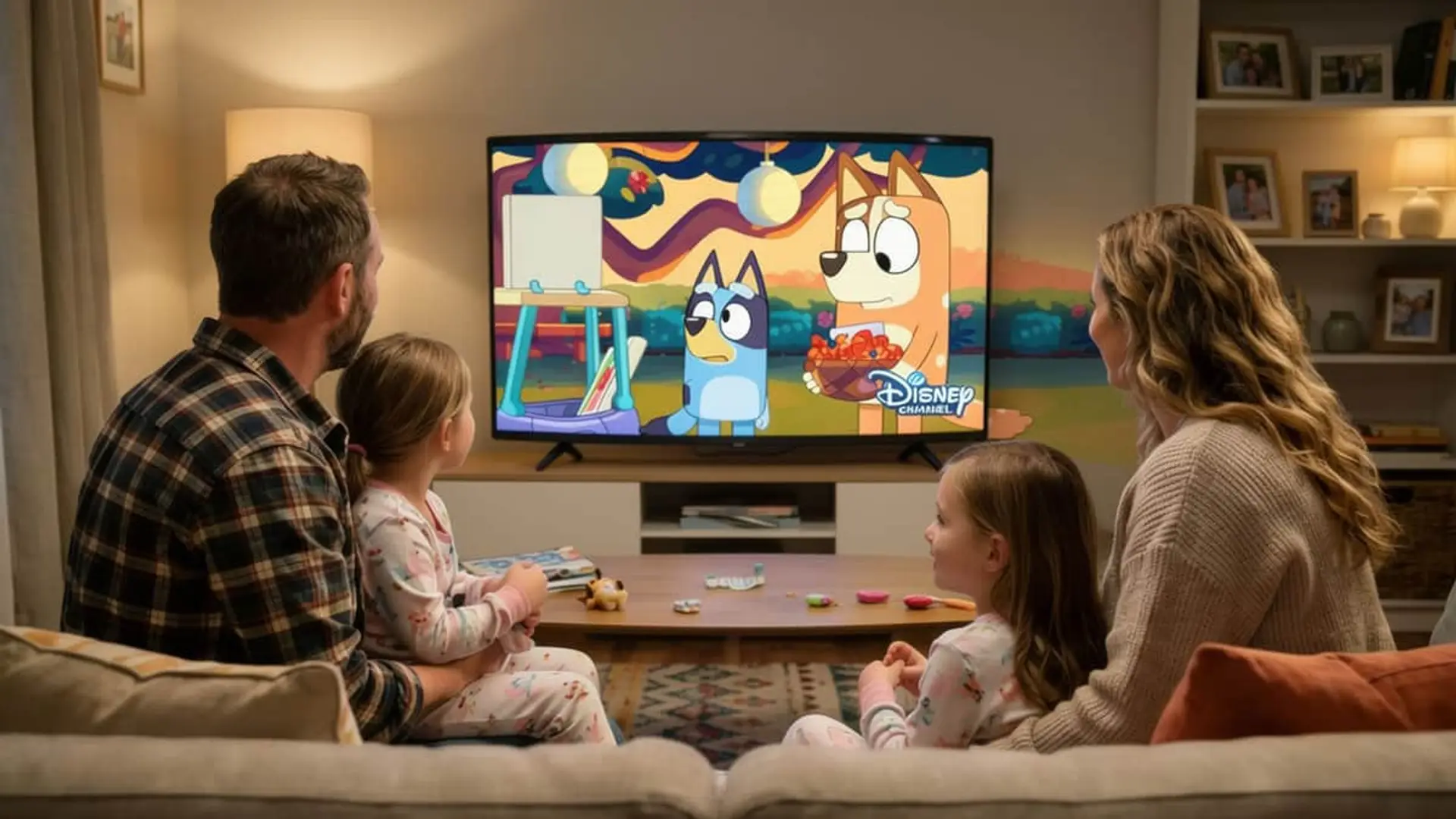 Familia con niños viendo la serie Bluey en Disney Channel desde el salón.
