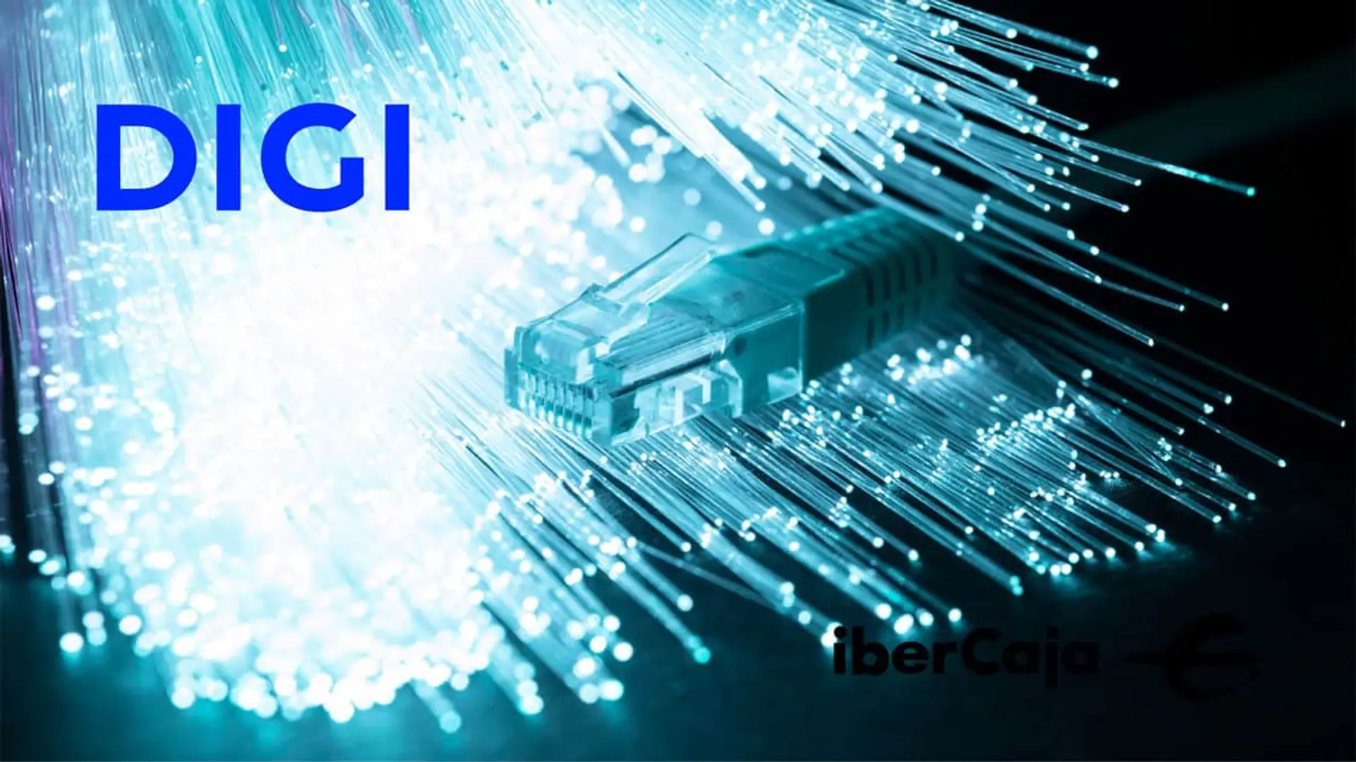 DIGI lleva su fibra de 10 Gbps a Canarias y Baleares: así aprieta a Movistar y Orange en las islas Logos de DIGI e Ibercaja junto a un cable de fibra óptica iluminado, simbolizando su alianza en conectividad.