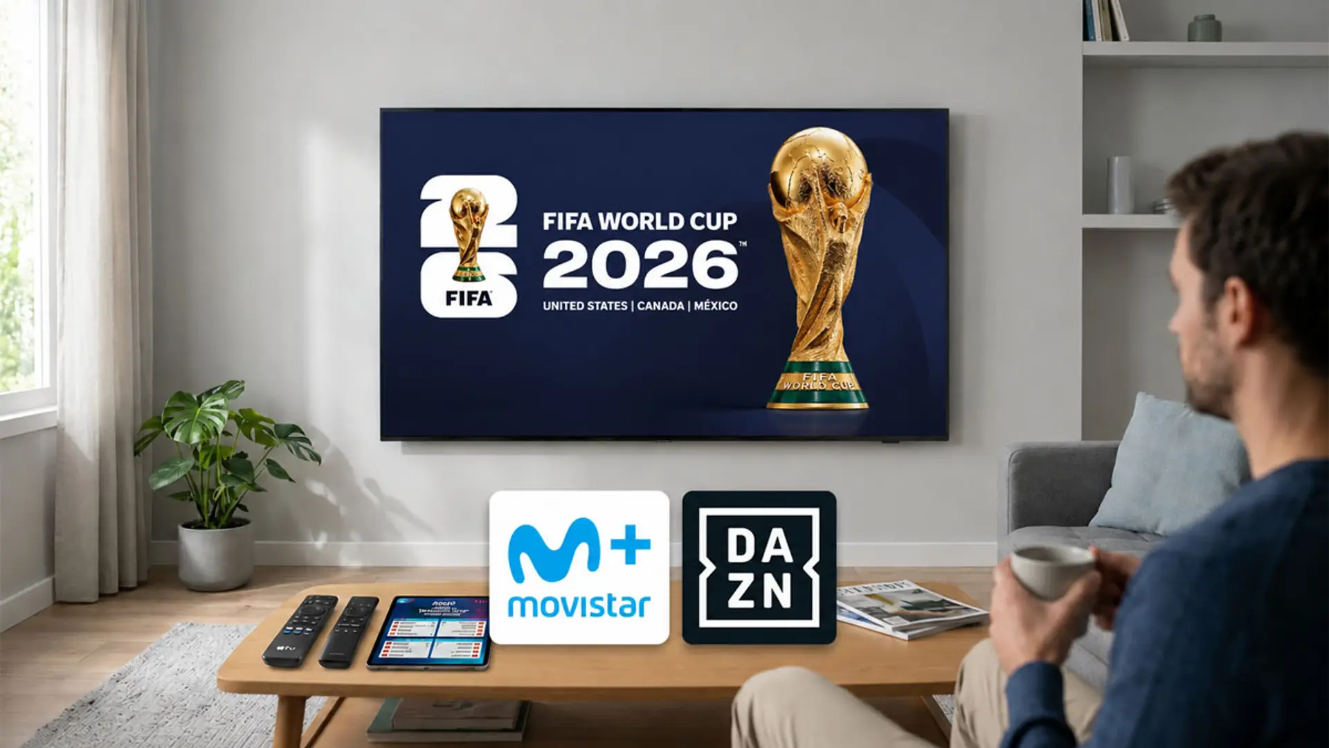 FIFA World Cup 2026 en TV con logos de Movistar Plus+ y DAZN en salón moderno