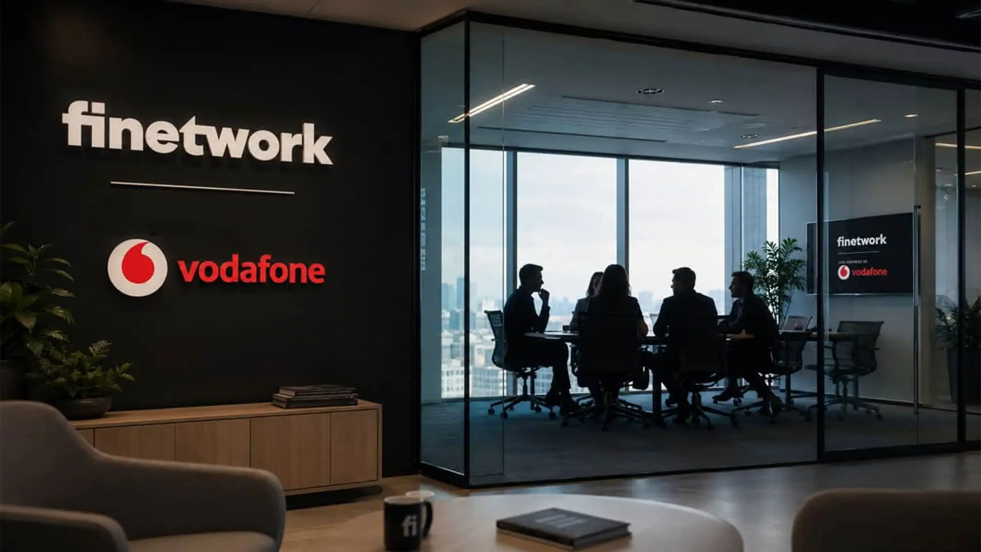 Rótulo de Finetwork con logotipo de Vodafone en una oficina y siluetas de personas reunidas.
