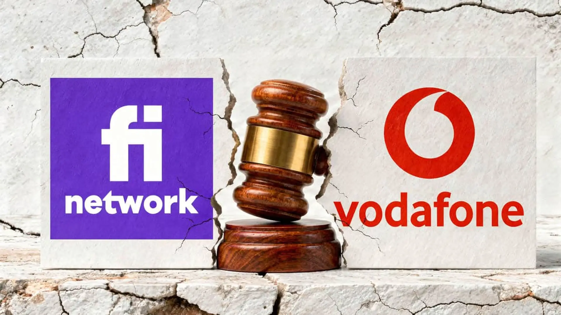 Logos de Finetwork y Vodafone junto a un mazo de juez, representando una disputa legal o resolución judicial.