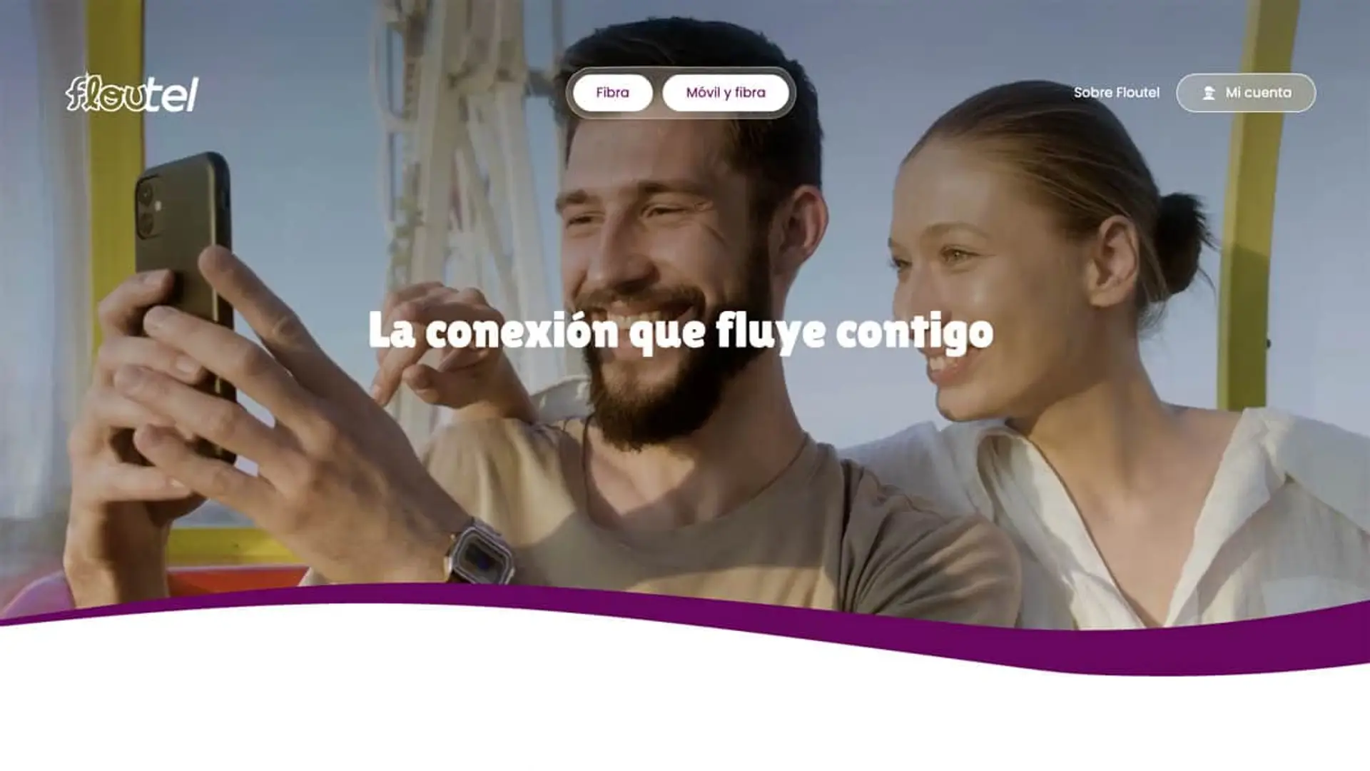 Nace Floutel en Cataluña: la nueva operadora de los fundadores de Fibracat tras su ruptura con Avatel Página de inicio de Floutel, operador de fibra y móvil, con una pareja feliz y su eslogan La conexión que fluye contigo.