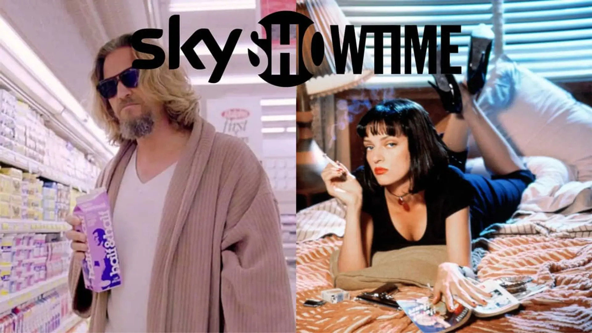 SkyShowtime elimina 80 películas a finales de mayo: Pulp Fiction, La lista de Schindler y otras joyas que tienes que ver antes del 31 Montaje con dos fotogramas de El Gran Lebowski y Pulp Fiction y el logotipo de SkyShowtime en la parte superior