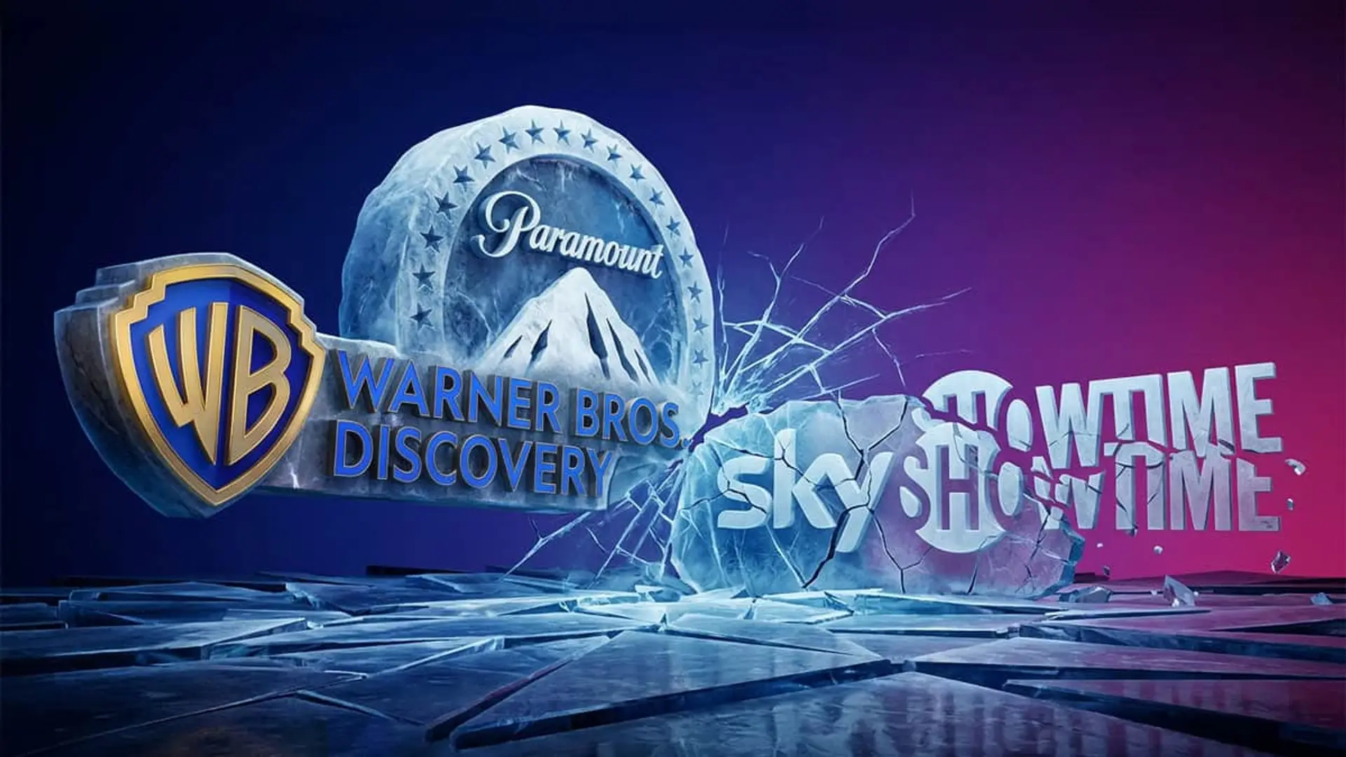 Fusión de Paramount y Warner Bros y su efecto en el futuro de SkyShowtime en España sobre bloques de hielo roto.