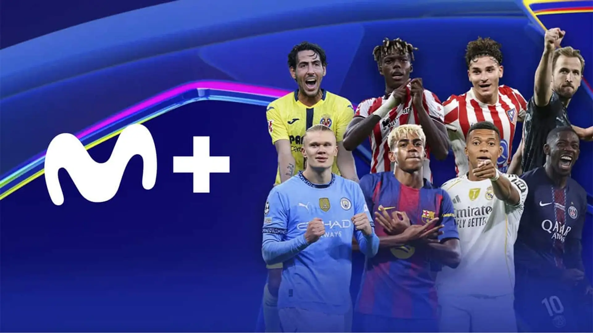 Ser cliente de Movistar Plus+ tiene premio: rebaja el pack Deportes Total durante 6 meses Imagen promocional de Movistar Plus+ con jugadores de clubes europeos de la Champions League y el logotipo “M+”