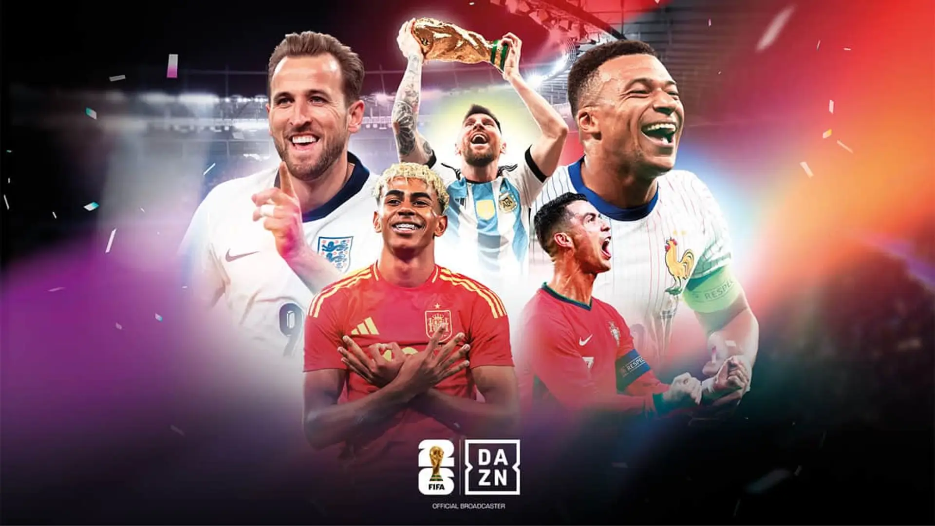 Messi, Mbappé, Ronaldo y Lamine Yamal en el cartel de DAZN como plataforma oficial para ver fútbol internacional.