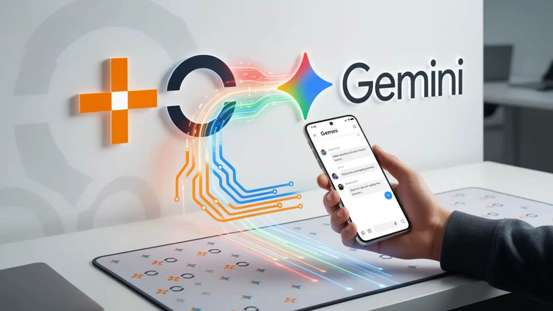 Mano usando Google Gemini en un smartphone junto al logo de MasOrange para representar el uso de inteligencia artificial.