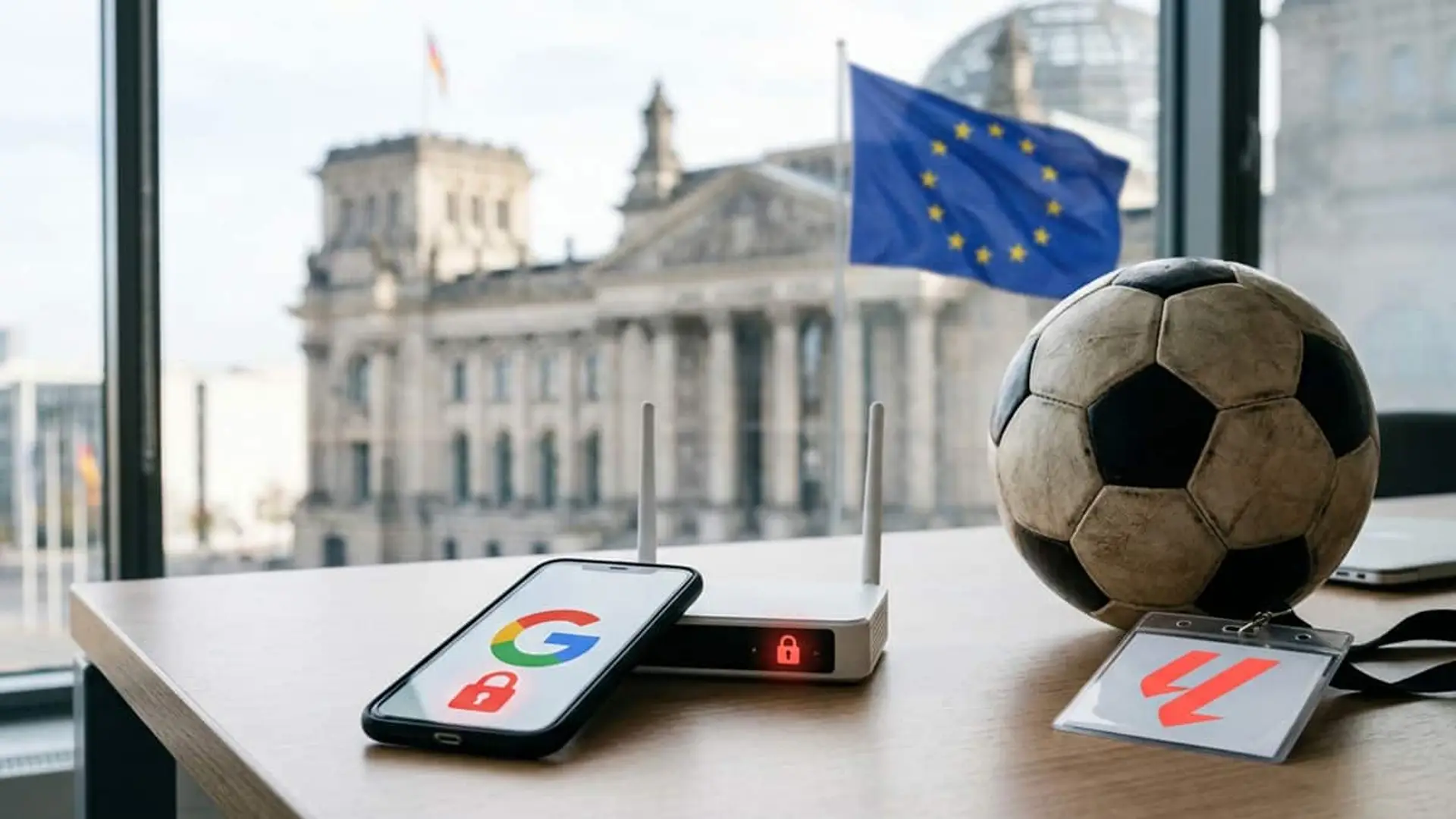 Teléfono móvil con el logotipo de Google y un candado junto a un router, un balón de fútbol y una bandera de la Unión Europea