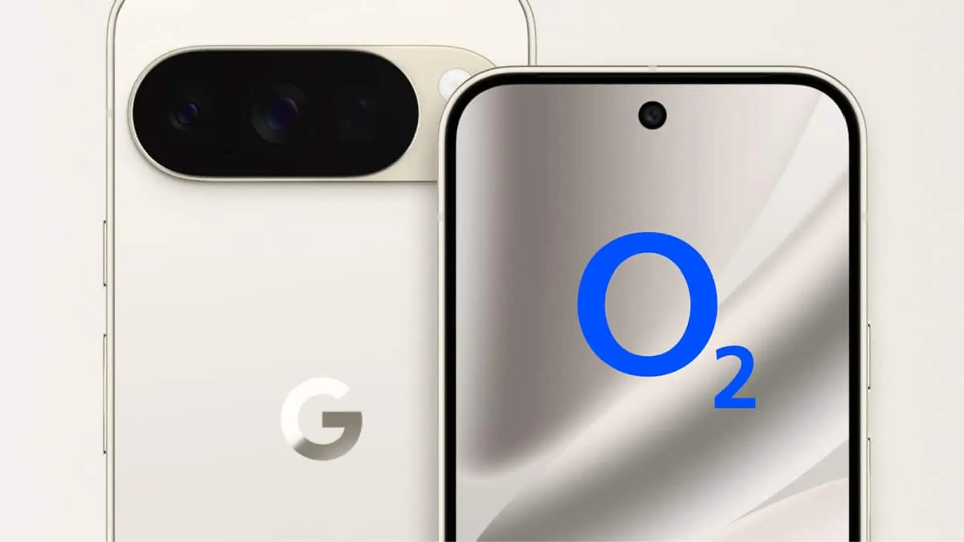 Smartphone Google Pixel 10 Pro con logotipo de O2 en pantalla y detalle del módulo de cámara trasero.