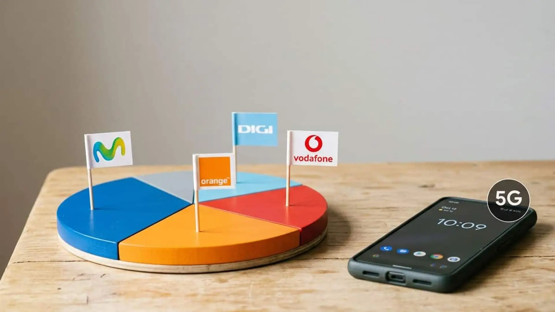 Más datos, mismos ingresos en las telecos: Digi crece un 14,4% y Movistar cae un 2,4% Gráfico circular de colores con banderas de Movistar, Orange, Digi y Vodafone sobre una mesa de madera, junto a un teléfono móvil y un símbolo de 5G.