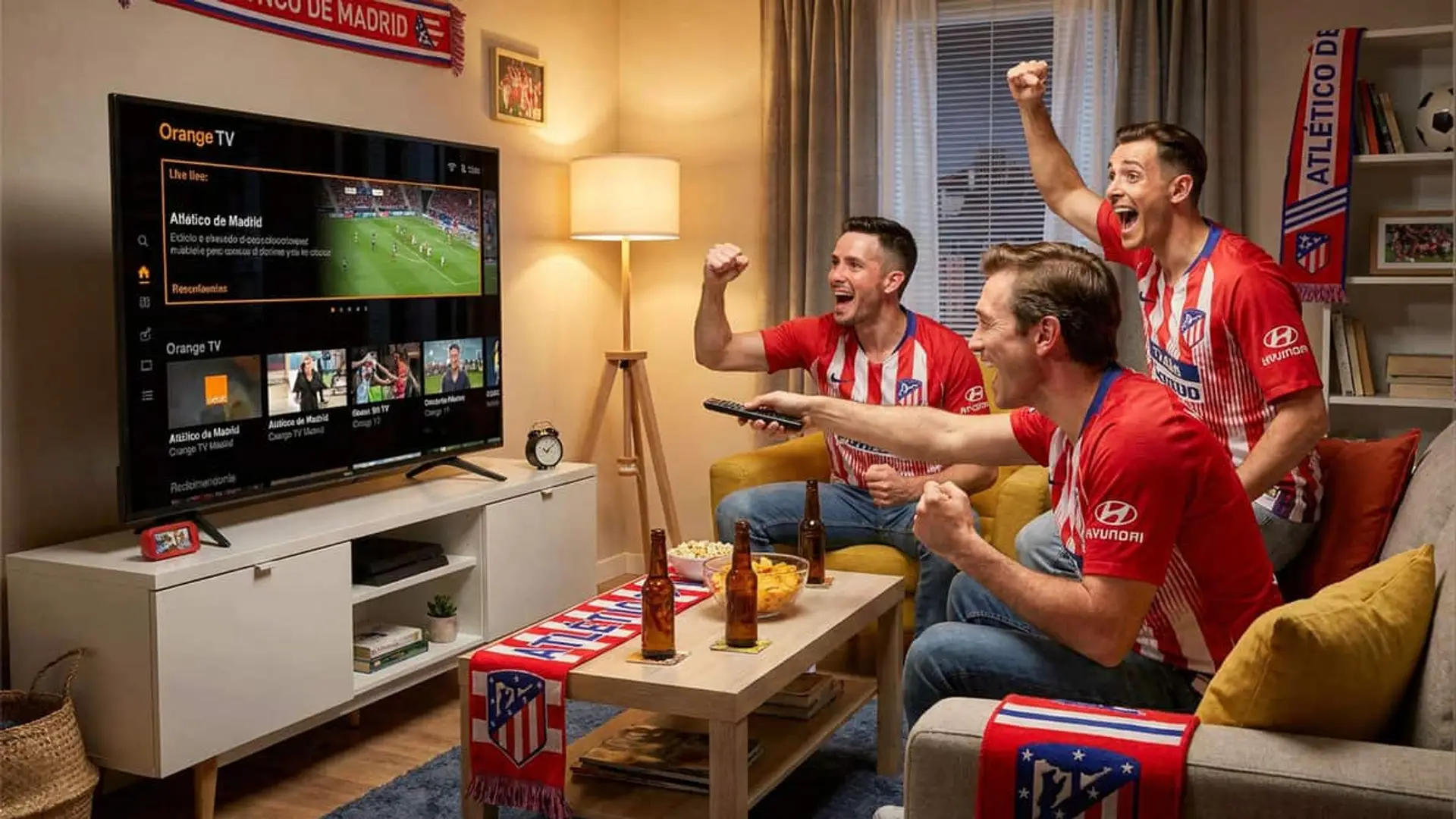 El mando de Orange TV ahora tiene un VAR propio: así es la función que va a cambiar cómo ves el fútbol Grupo de amigos del Atlético de Madrid celebrando en un partido de fútbol en casa con Orange TV