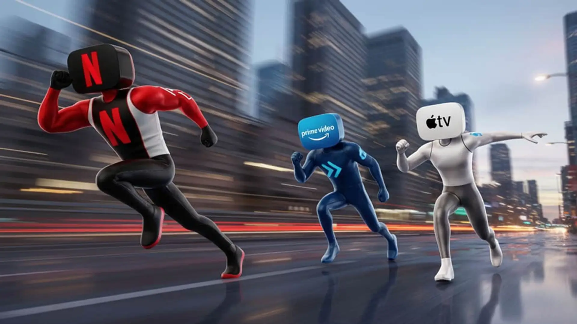 La guerra del streaming, con los personajes de Netflix, Prime Video y Apple TV compitiendo en una carrera por la ciudad.