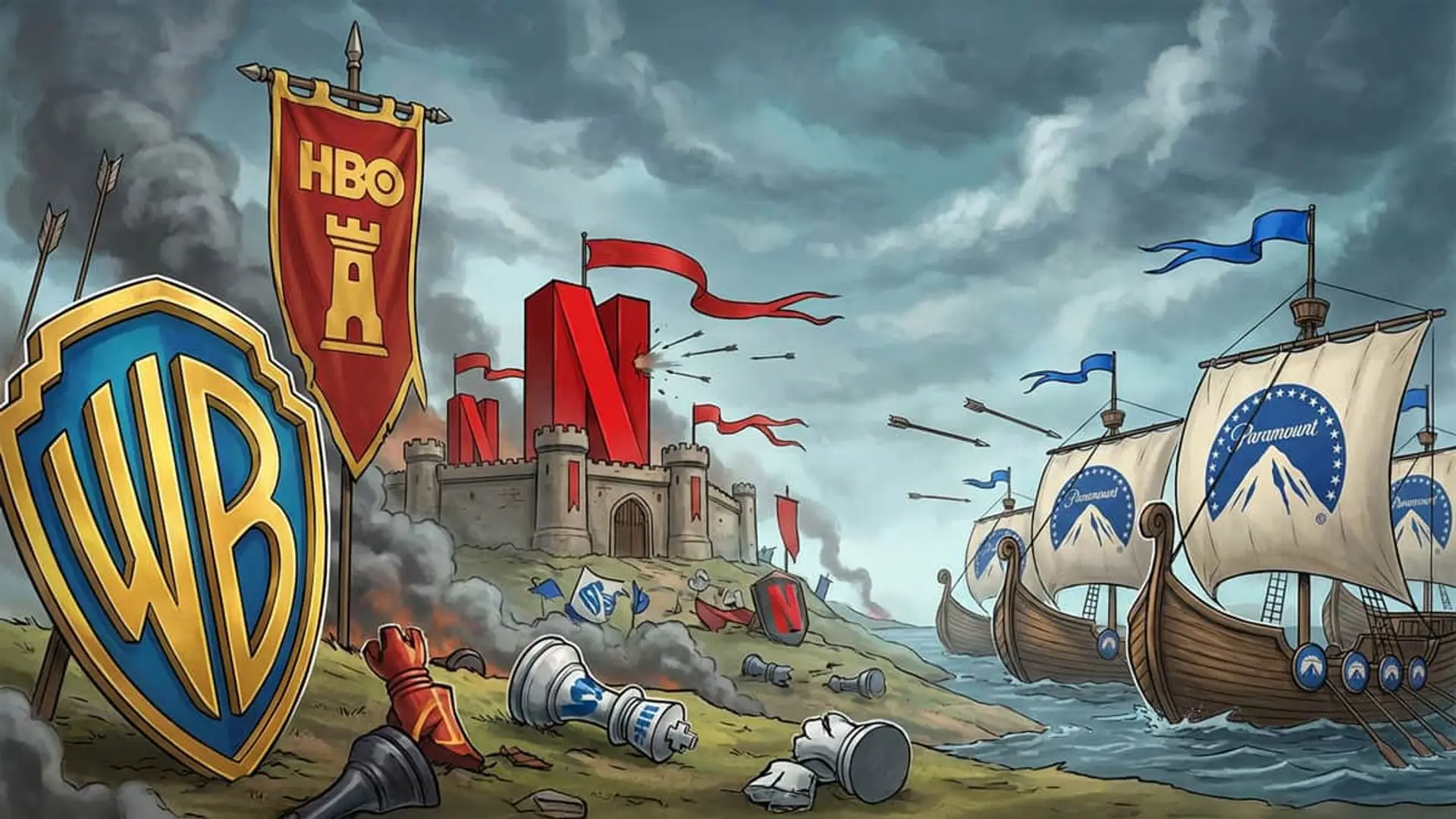 Warner Bros contempla la opción Paramount tras su última oferta: Netflix estaría obligada a contraatacar Batalla medieval de plataformas de streaming con logos de Netflix HBO Paramount y Warner Bros en una guerra de contenidos.