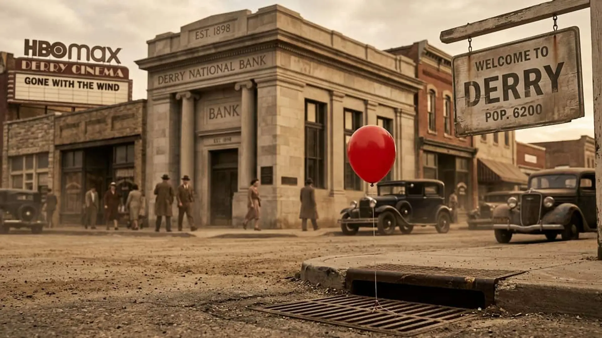 Globo rojo sobre una alcantarilla en una calle de Derry con coches antiguos, un banco y un cartel de HBO Max