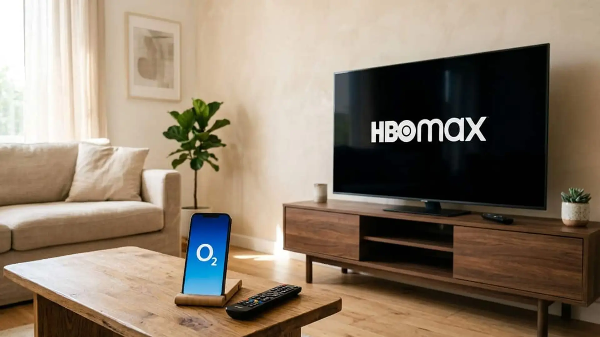 Movistar Plus y Skydance amplían su alianza: O2 tendrá HBO Max, pero aún sin precio ni fecha Televisor con el logotipo de HBO Max en un salón, junto a un teléfono móvil con el logotipo de O2 y un mando a distancia sobre una mesa de madera.