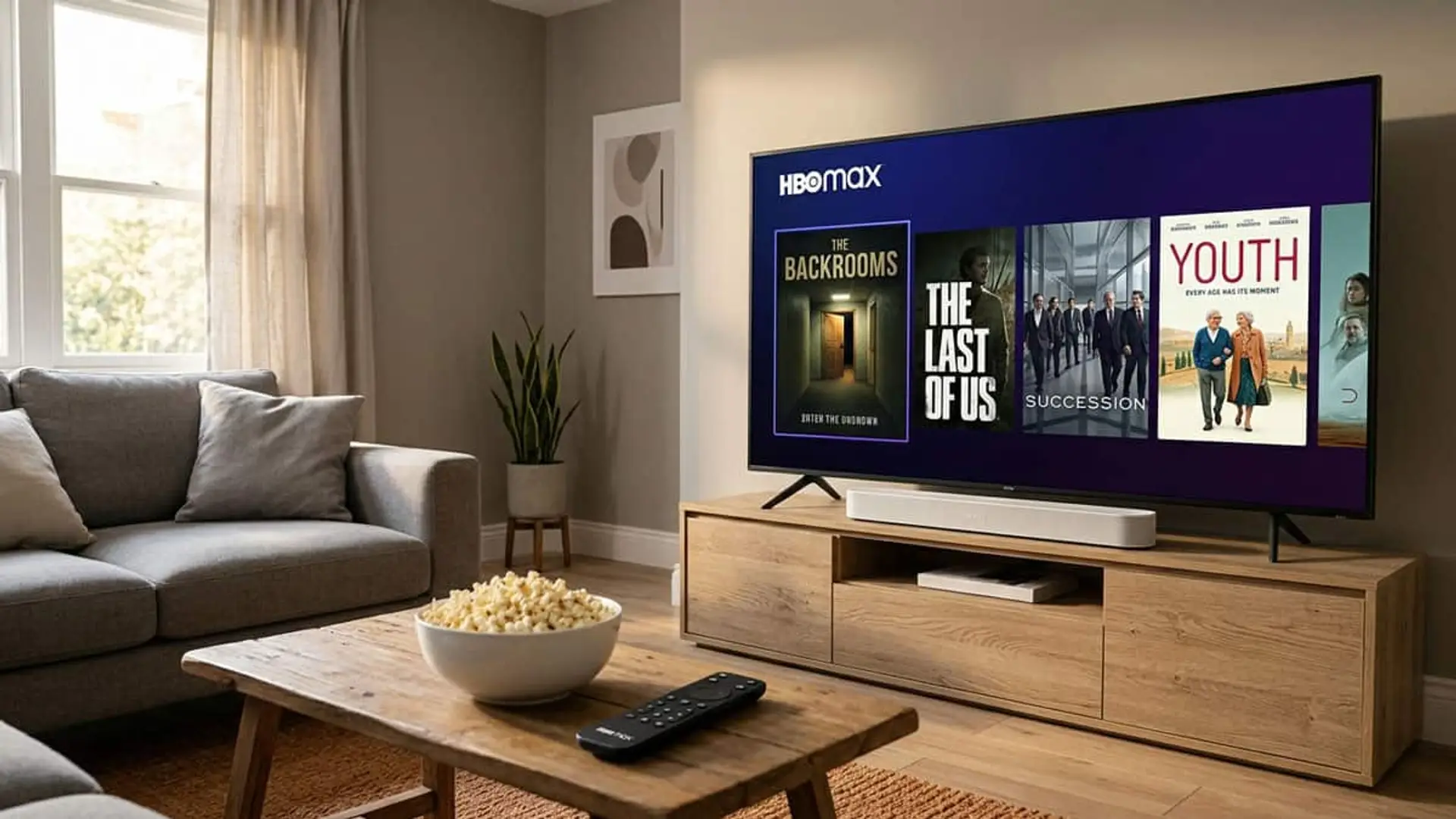 HBO Max suma 17 estrenos en septiembre: llegan Backrooms, Youth y el documental del Opus Dei Televisión con la interfaz de HBO Max y varias series junto a un bol de palomitas en un salón