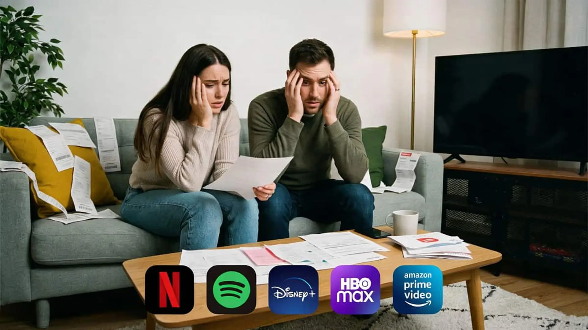 El streaming prometía ser barato: en 2026, Netflix, HBO Max o Spotify tienen otra idea Pareja sentada en el sofá revisando facturas del hogar y suscripciones digitales, preocupada por el aumento de gastos mensuales.