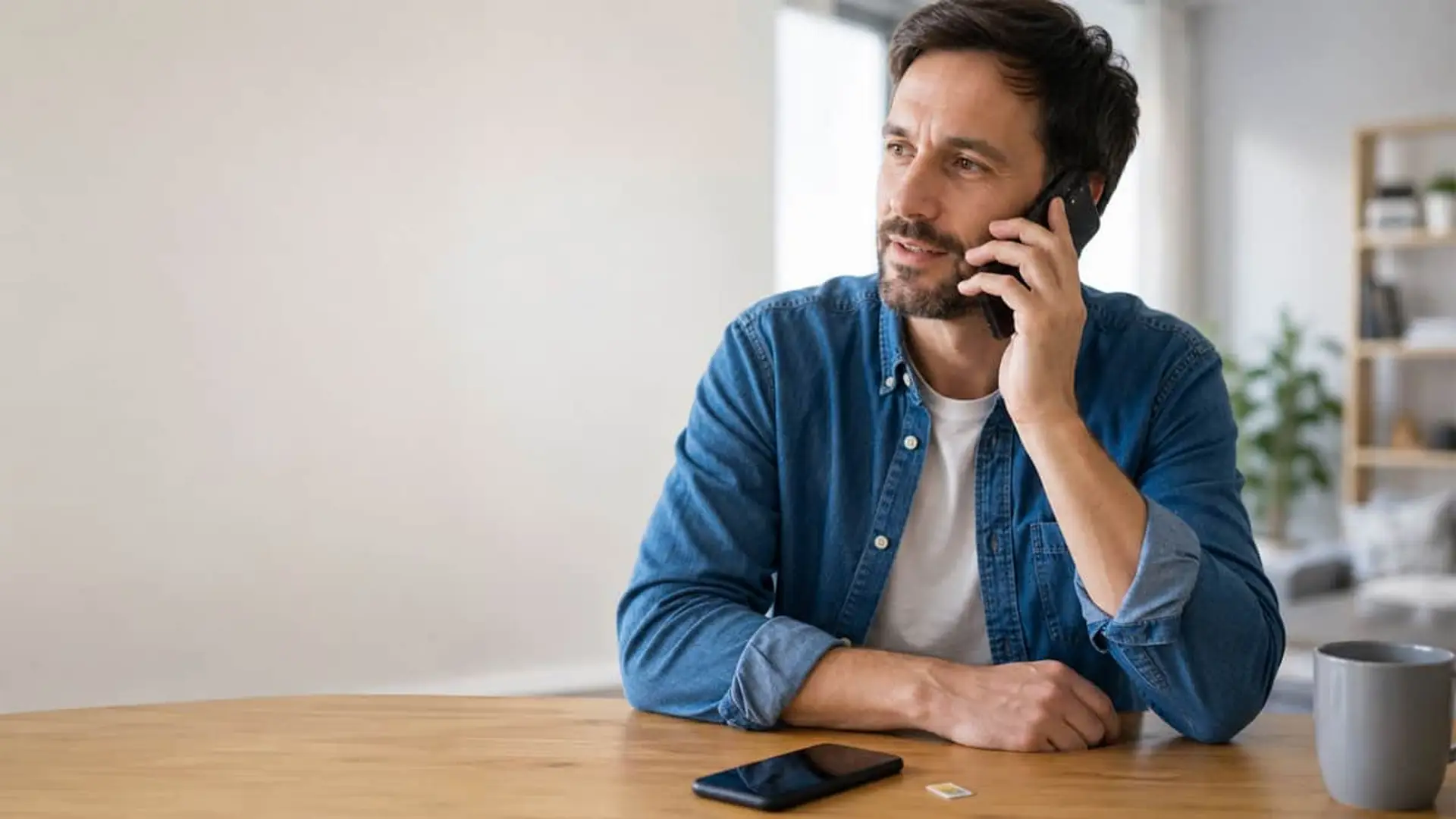 Pagabas aunque no llamaras. Pepephone tiene una tarifa de contrato que solo te cobra cuando lo haces Hombre hablando por teléfono en casa junto a una mesa de madera, ideal para comunicación y teletrabajo